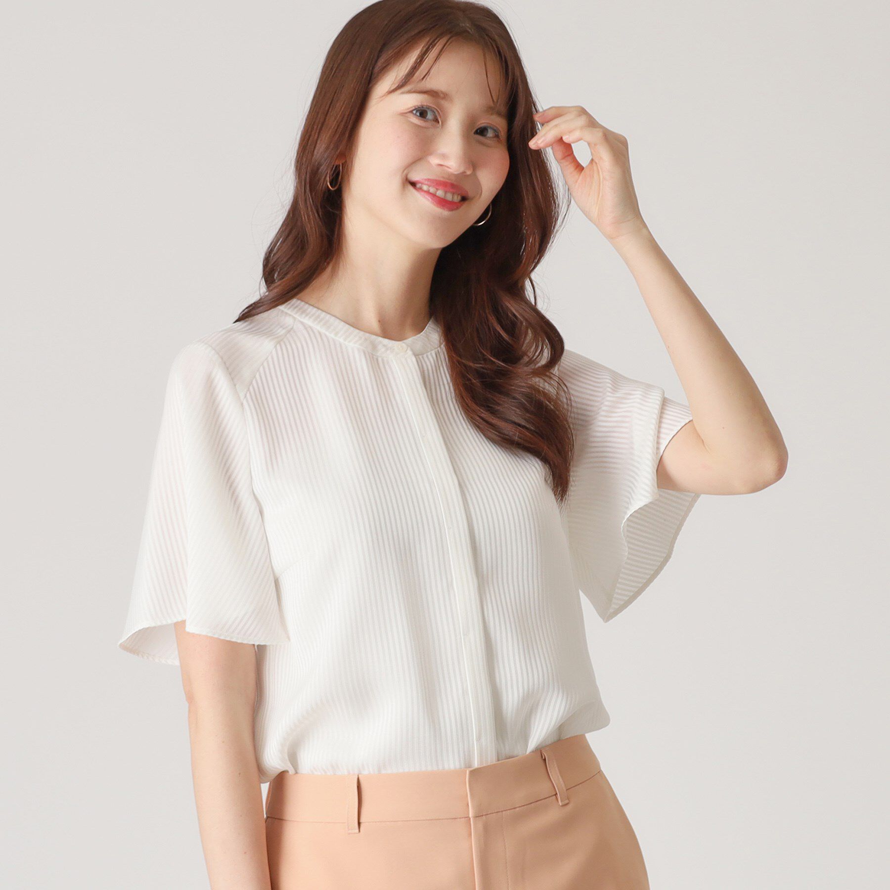 COUP DE CHANCE「【洗える／ストライプ柄】フレア袖ブラウス」|シャツ・ブラウス|ホワイト(301)