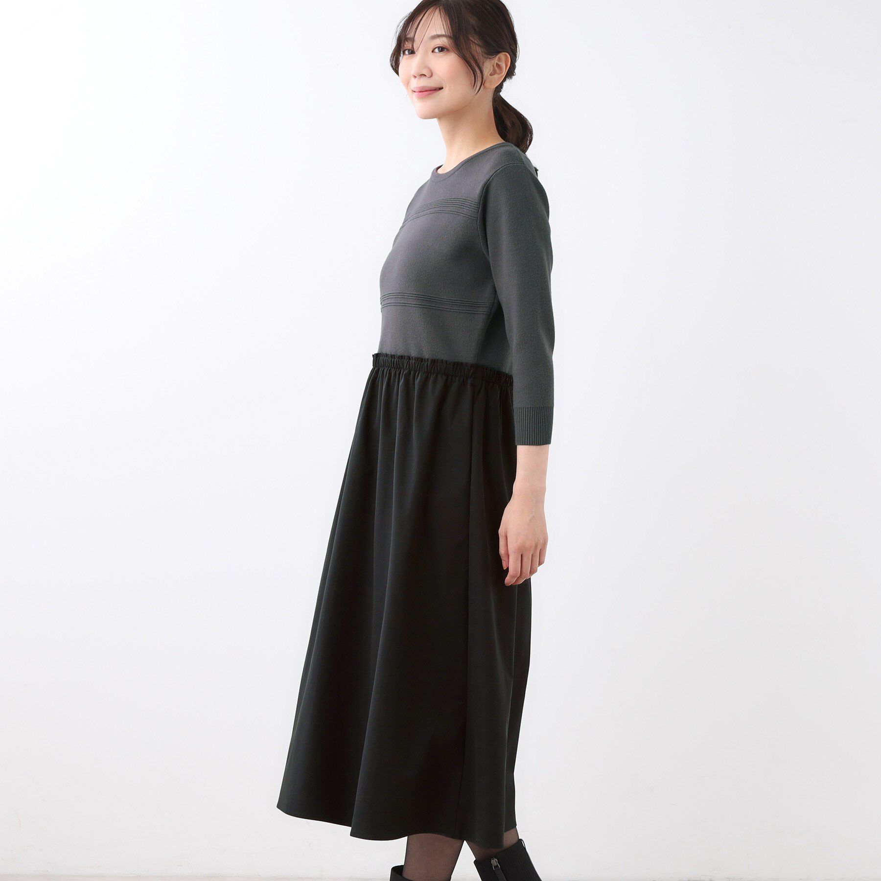 Reflect「【一枚で着映える◎／セットアップ可】ニット&times;タフタドッキングワンピース」|ワンピース|