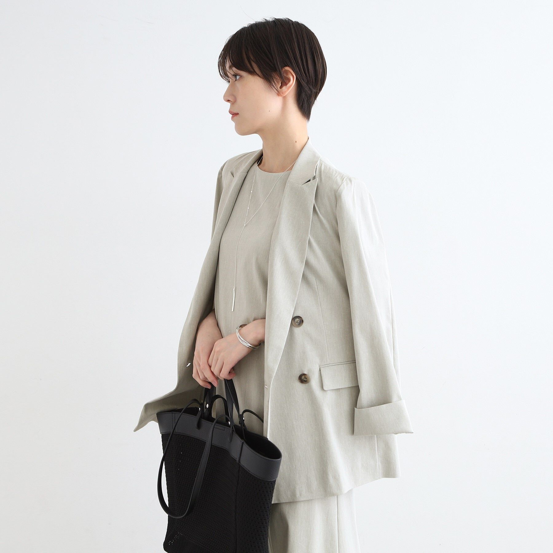 INDIVI「【洗える／UVケア／接触冷感／SETUP可能】麻混テーラードダブルジャケット」|スーツ|