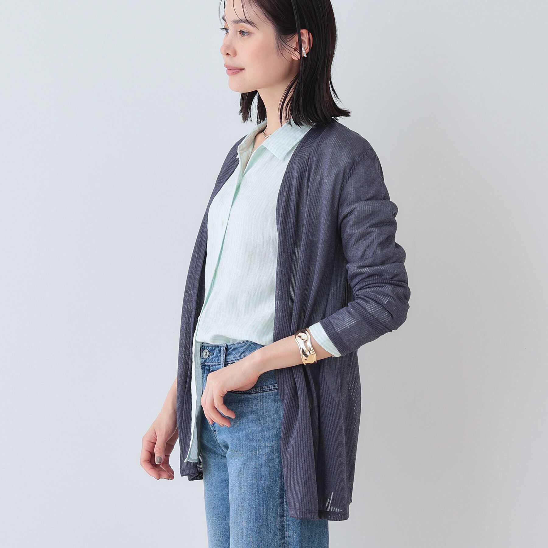 INDIVI「【洗える／シアーストライプ柄】着流しジャージカーディガン」|カーディガン|