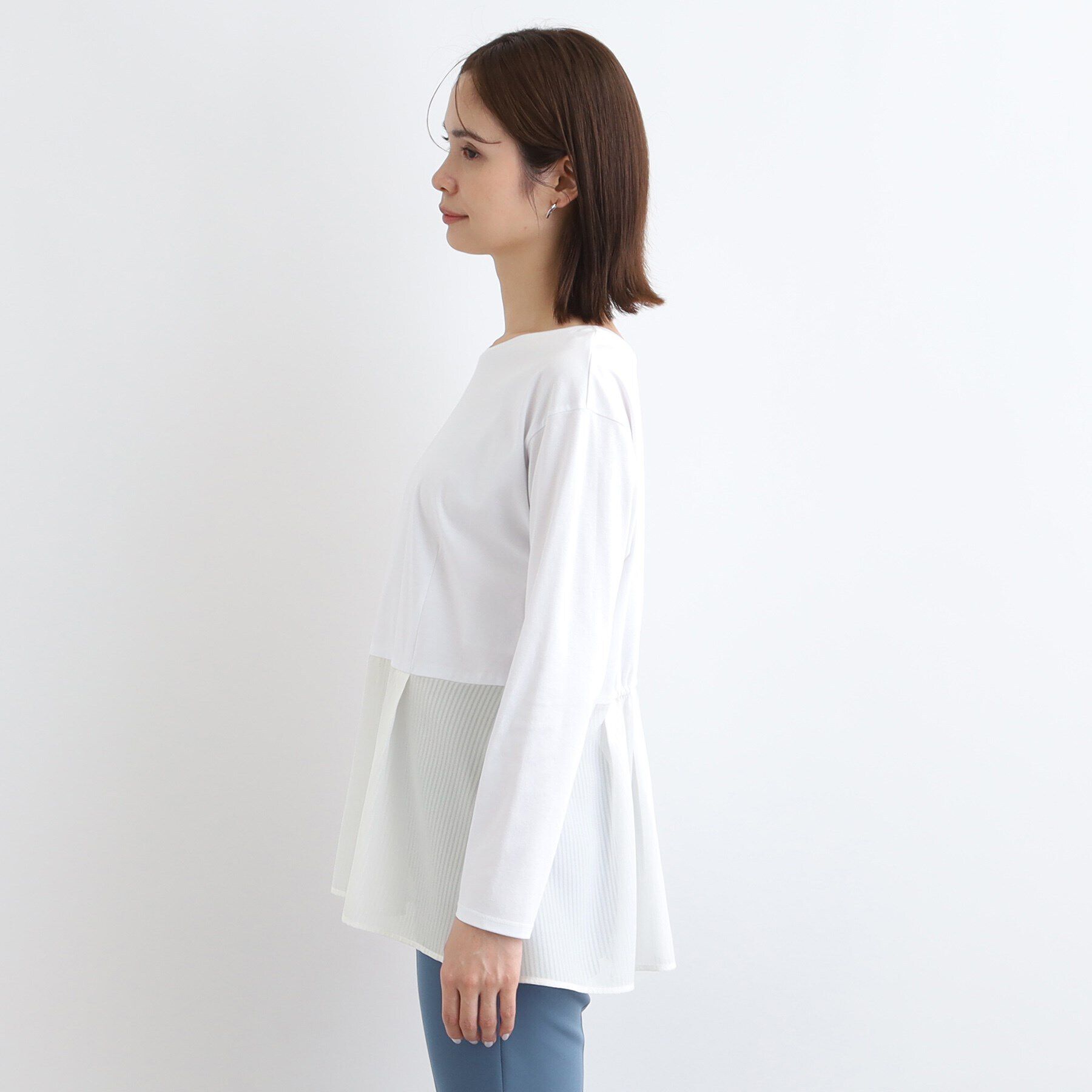 INDIVI「【洗える】透かしストライプコンビトップス」|Tシャツ・カットソー|