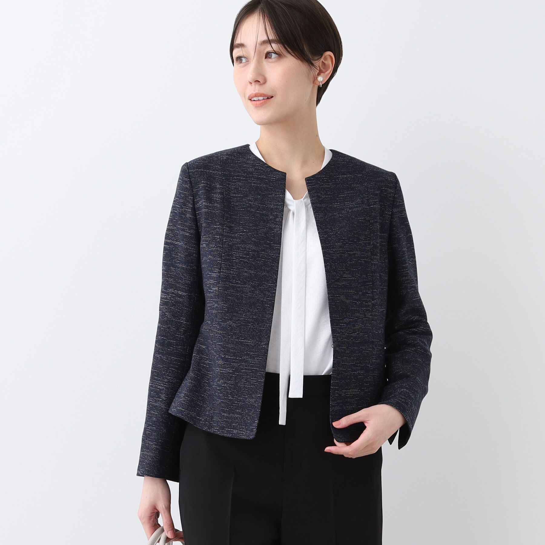 INDIVI「【洗える】ストレッチツィードジャケット」|ノーカラージャケット|