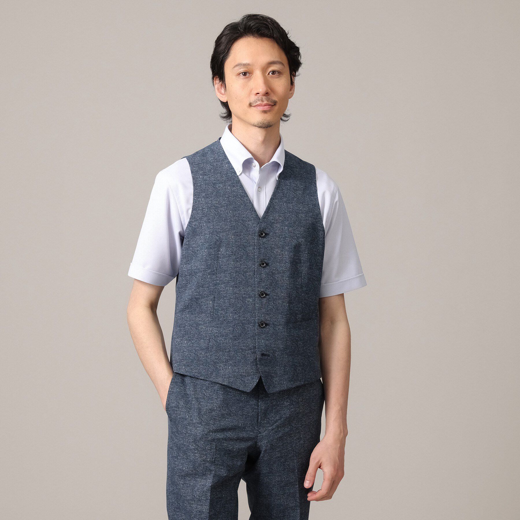 TAKEO KIKUCHI「【抗菌防臭／3ピース対応】COOL DOTS（R）ドビープリント ベスト」|ベスト・ジレ|ブルー(092)
