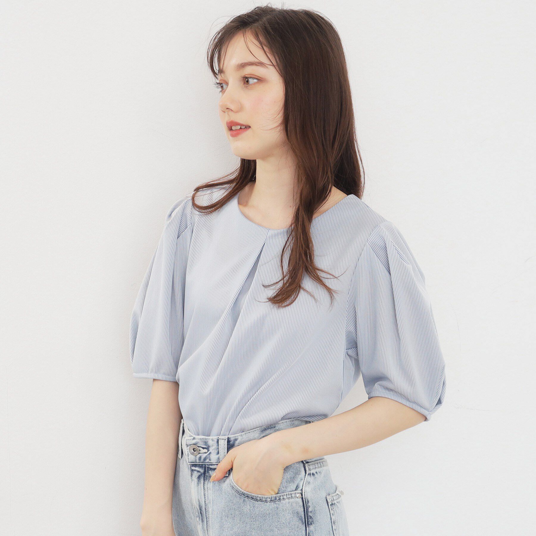 index「ストライプタックスリーブトップス【吸水速乾/洗濯機洗い可】」|Tシャツ・カットソー|