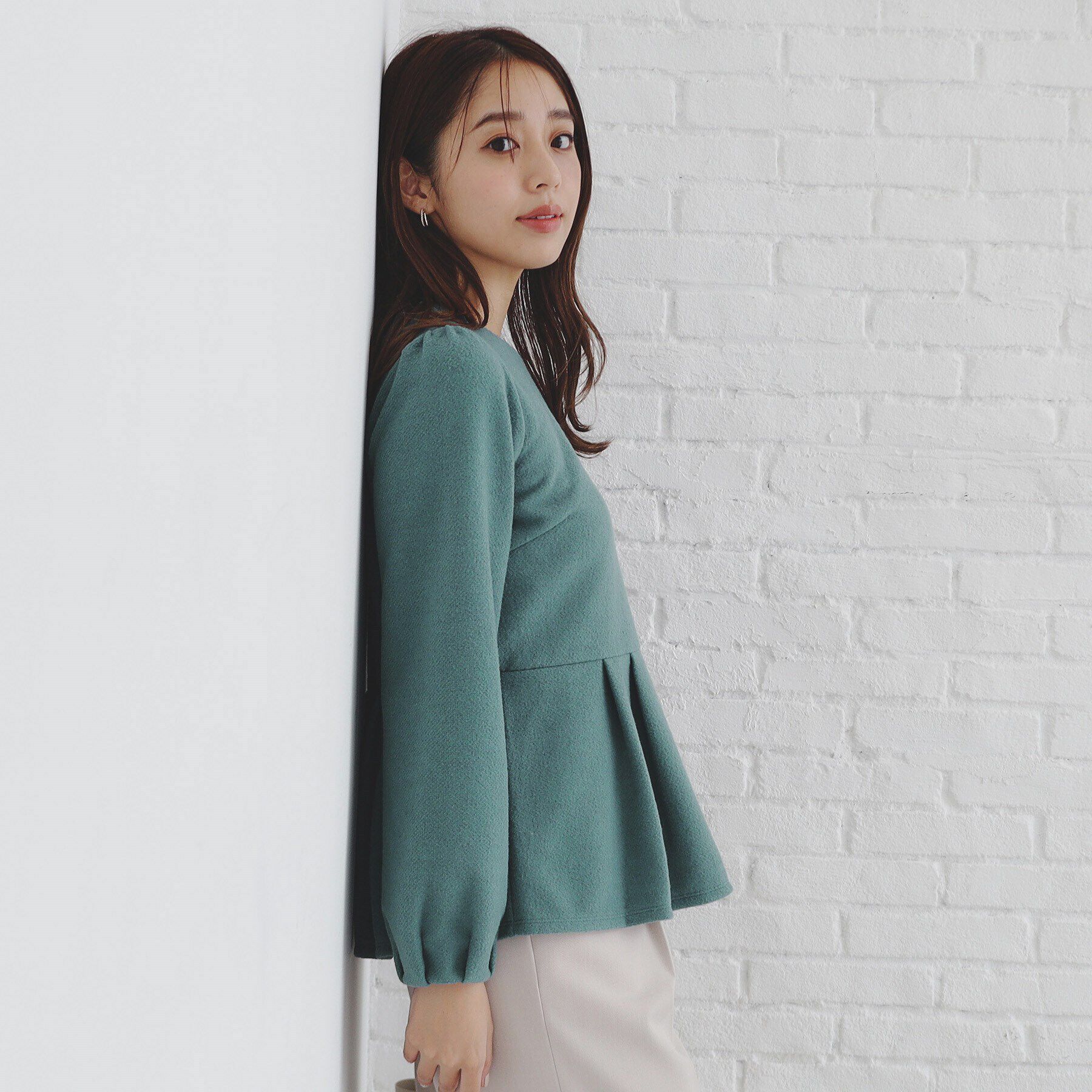 index「起毛ツイード調ジャージトップス【洗濯機洗い可】」|Tシャツ・カットソー|ブルーグリーン(89