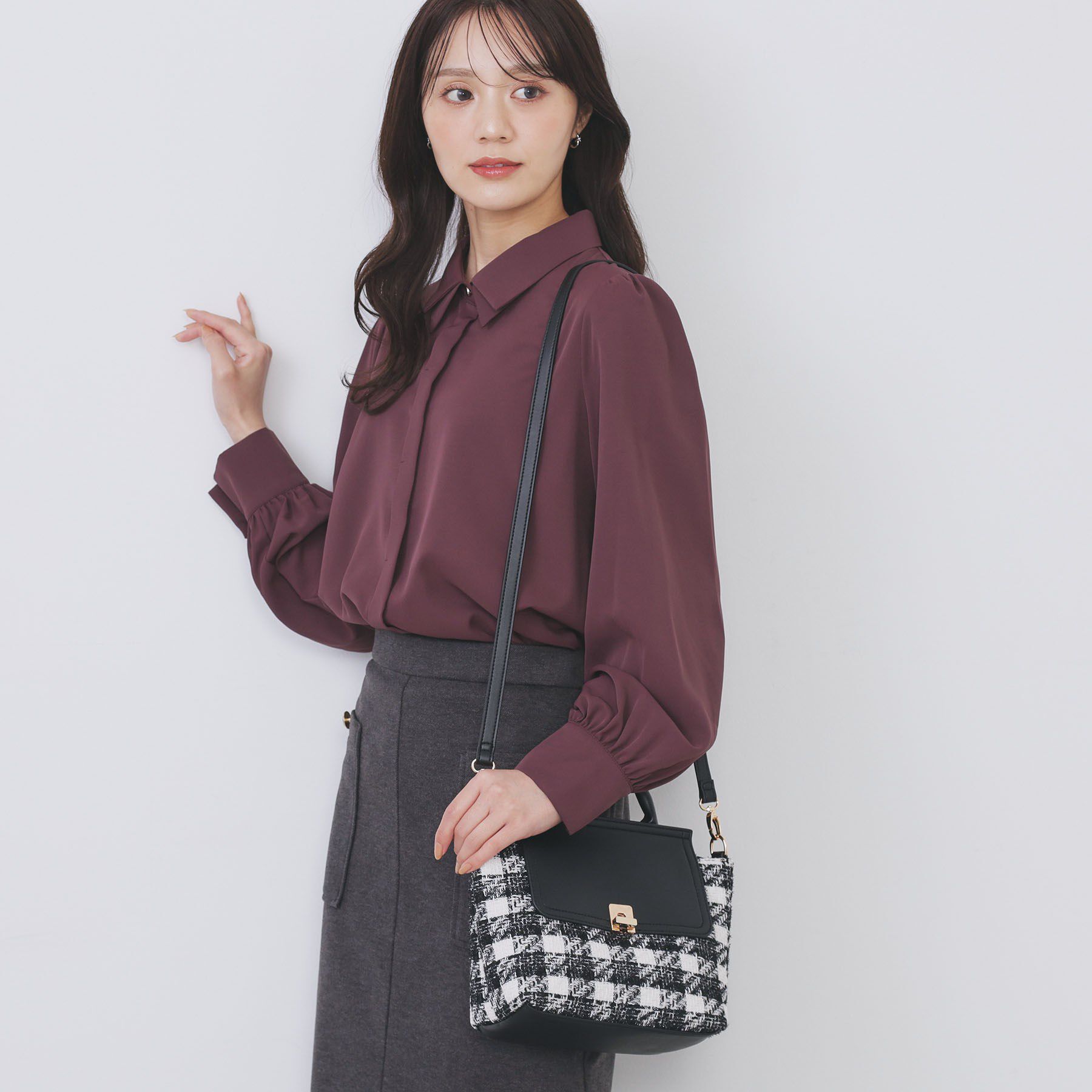 index「【2WAY】ラメツイードチェックコンビミドルハンドバッグ」|ハンドバッグ|