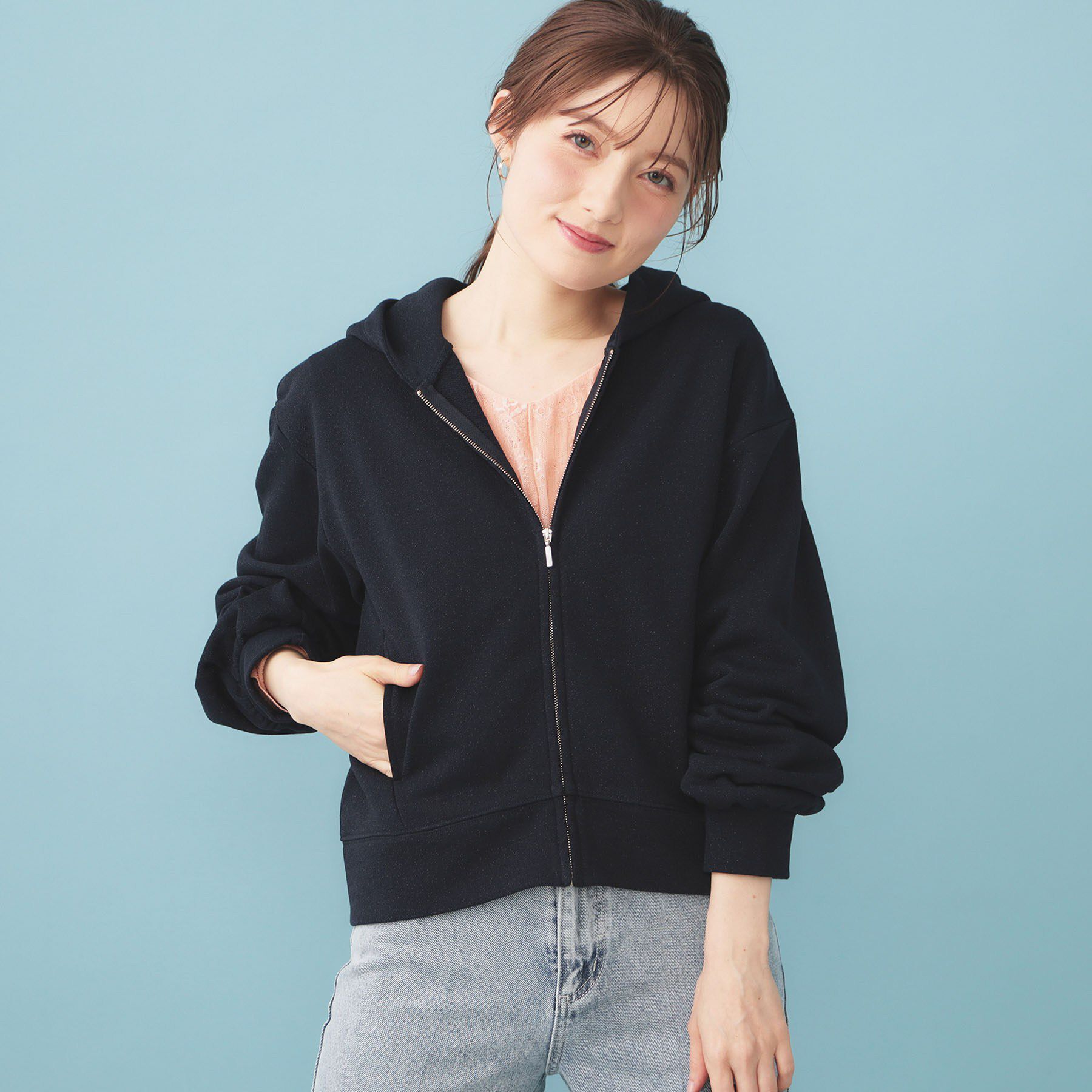 index「ラメ裏毛コンパクトジップパーカー【洗濯機OK】」|パーカー|ネイビー(094)