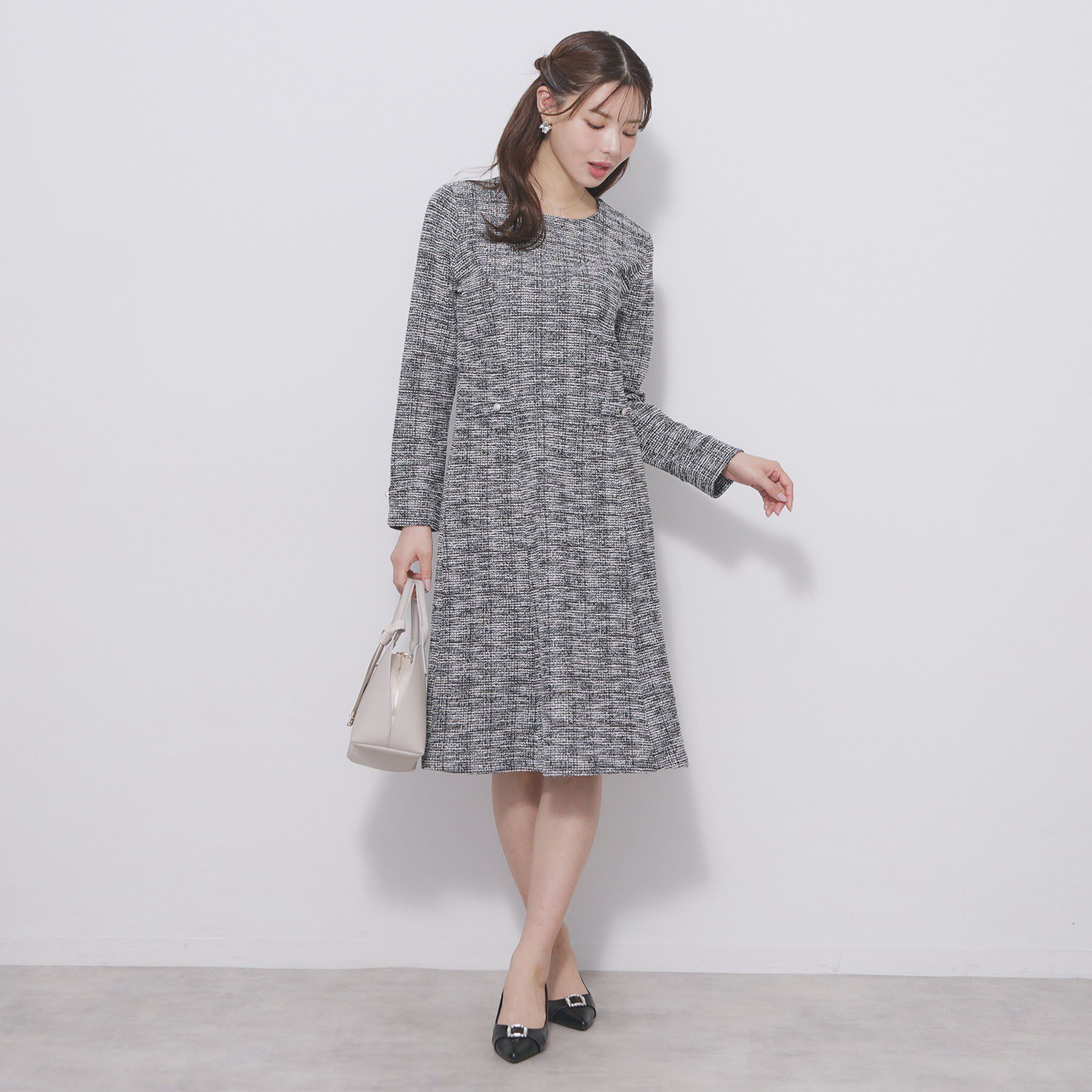 index「ミックスツィードパネルフレアワンピース【ハンドウォッシャブル／イージーアイロン／ストレッチ】」|ワンピース|