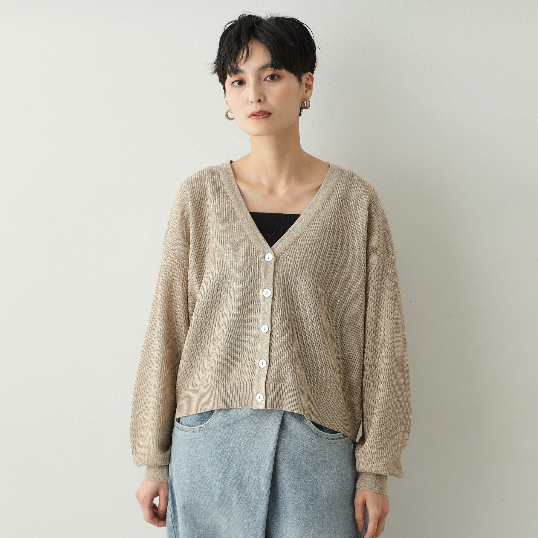 OPAQUE.CLIP「ラメメッシュVネックニットカーディガン【洗濯機洗い可/抗ピル】」|カーディガン|