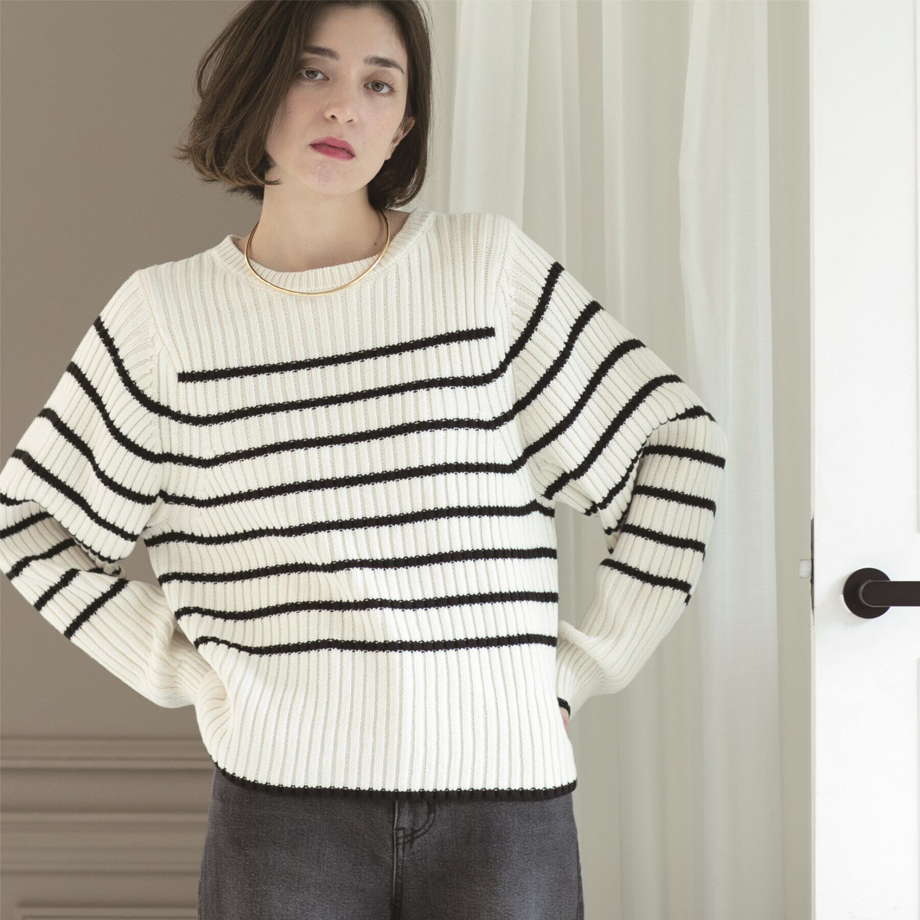 OPAQUE.CLIP「《7color》ボリュームスリーブリブニット【洗濯機洗い可】」|ニット・セーター|ホワイト(302)