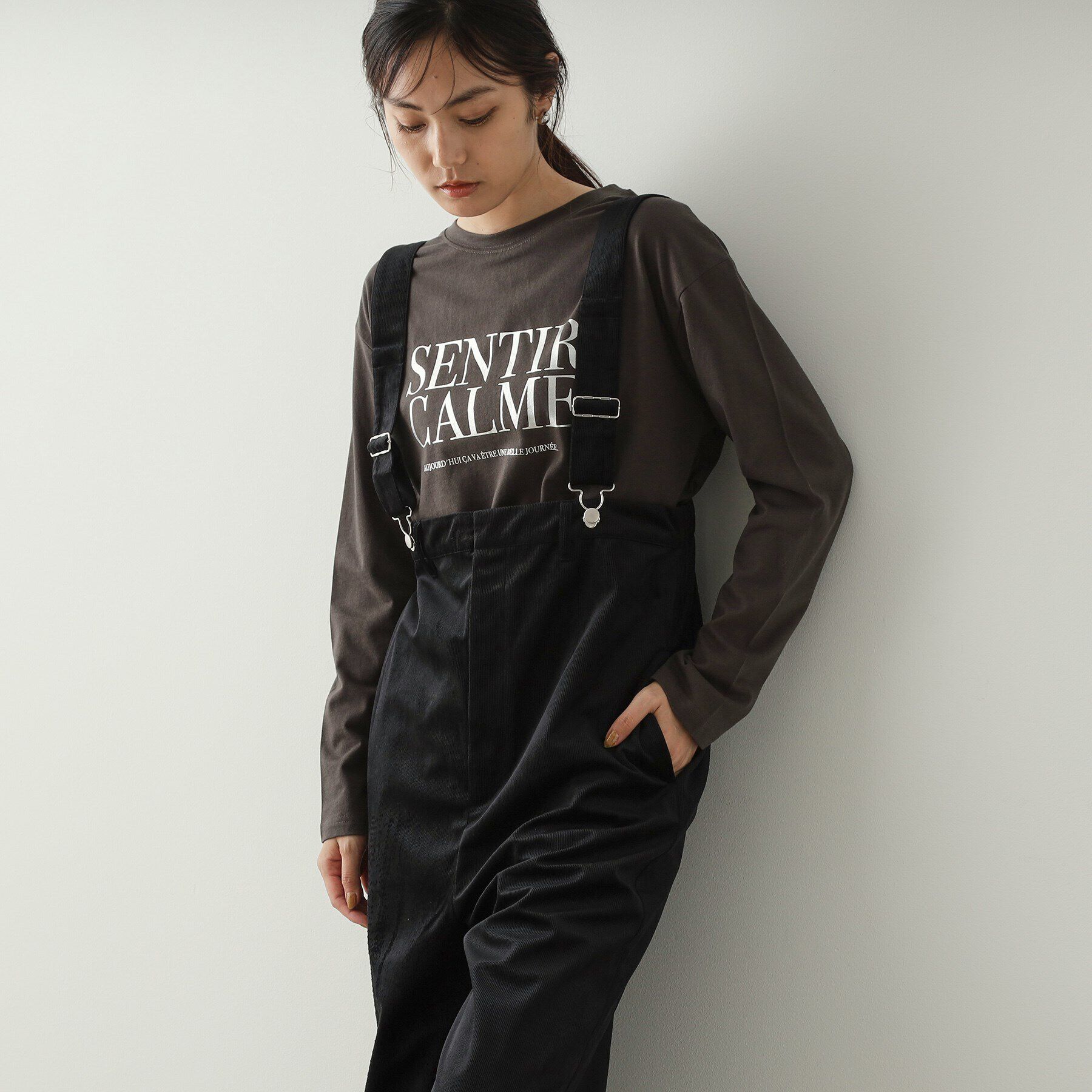 OPAQUE.CLIP「コーデュロイ ワイドサロペット【洗濯機洗い可】」|オールインワン|ブラック(019)