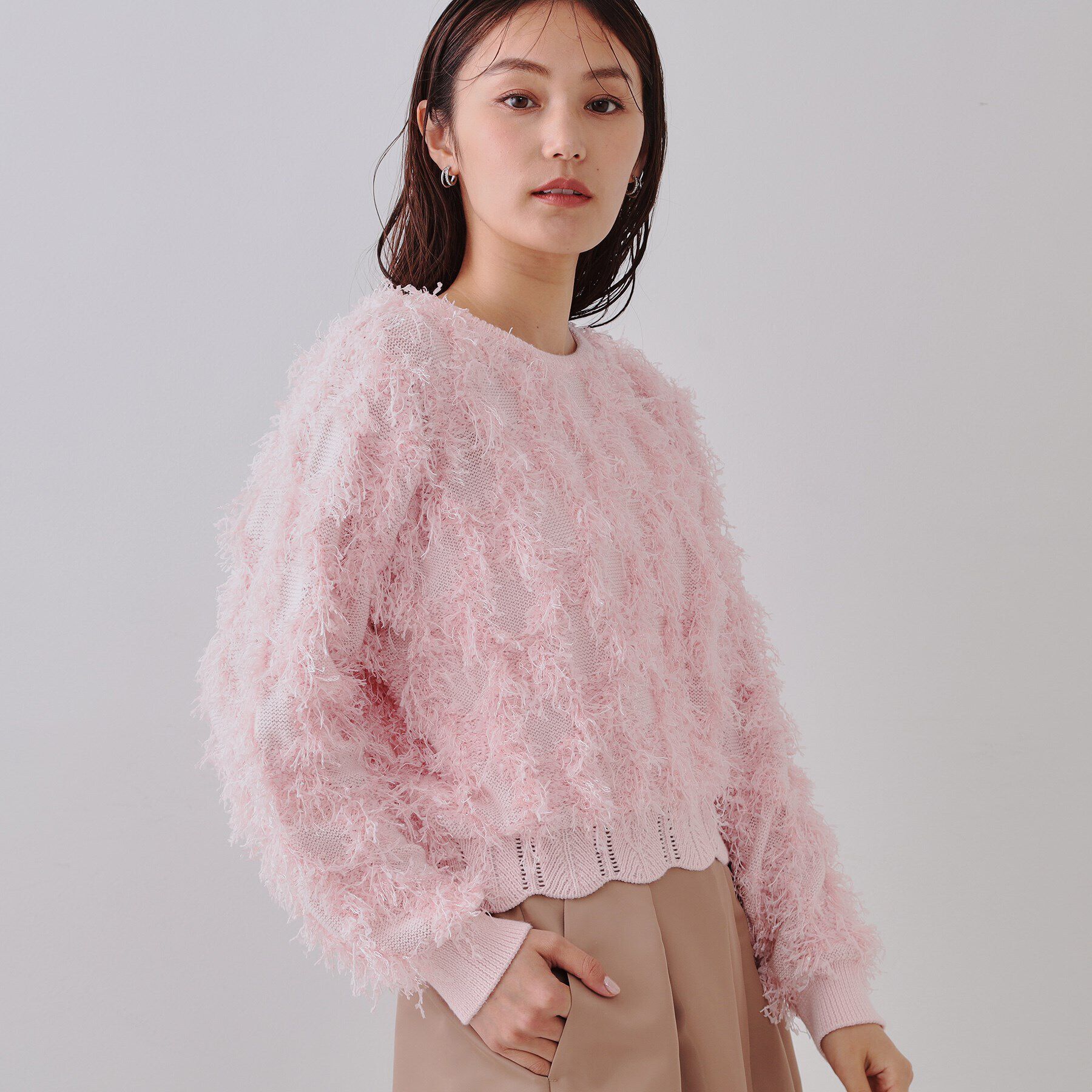 OPAQUE.CLIP「フリンジスパンコールニット【洗える】」|ニット・セーター|ライトピンク(070