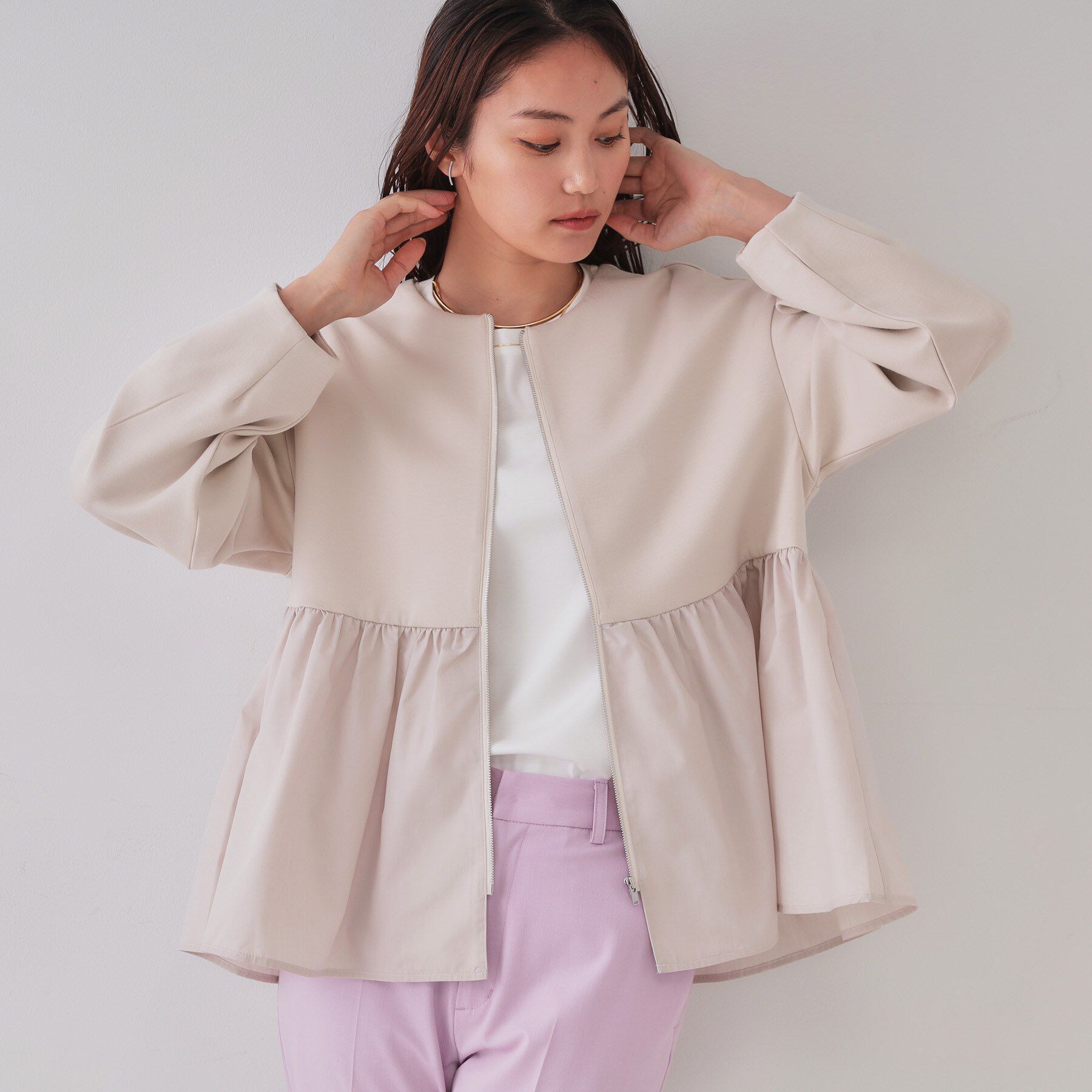 OPAQUE.CLIP「ペプラムドッキングZIPカーディガン【洗濯機洗い可】」|カーディガン|ライトベージュ(05