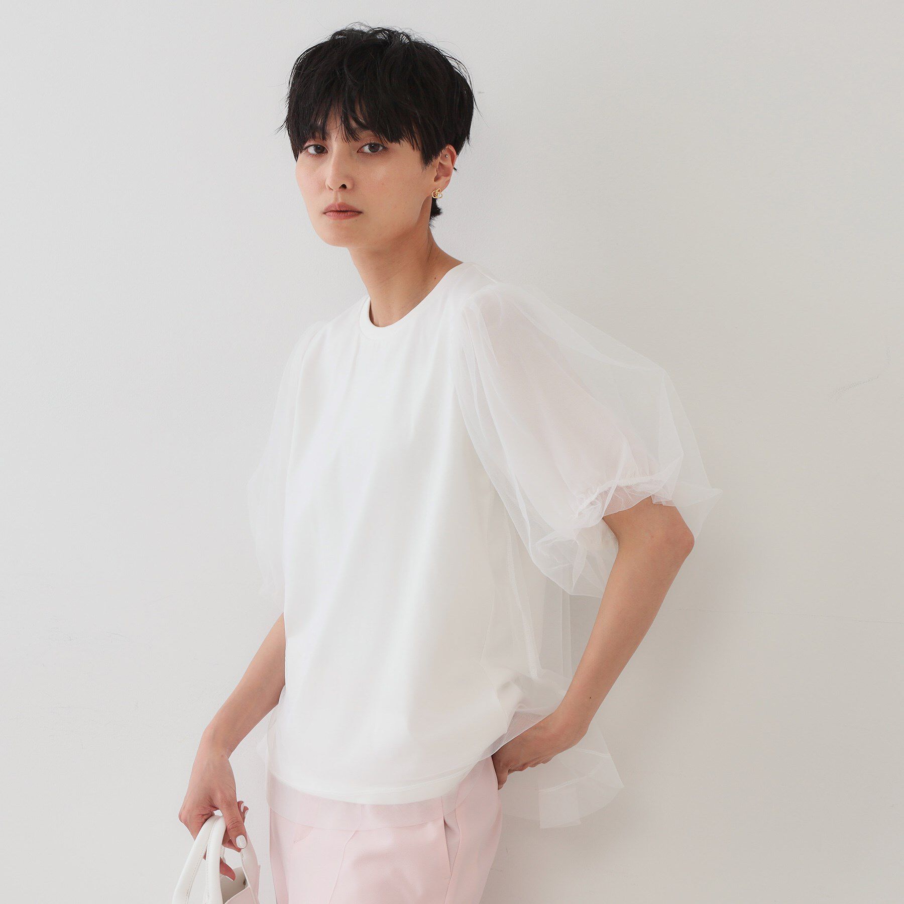 OPAQUE.CLIP「チュールレイヤードトップス【洗濯機洗い可】」|Tシャツ・カットソー|ホワイト(001)