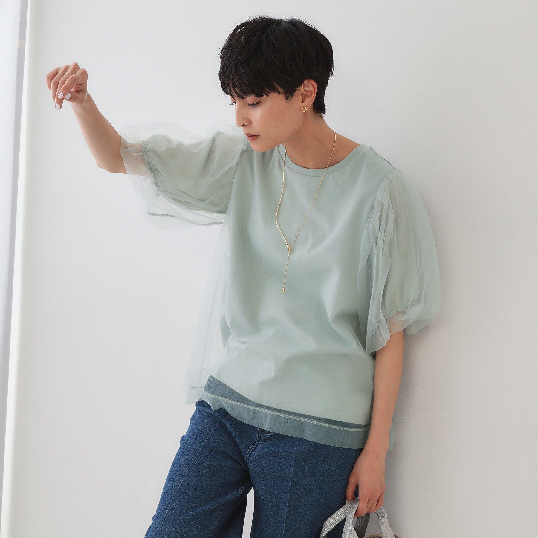 OPAQUE.CLIP「チュールレイヤードトップス【洗濯機洗い可】」|Tシャツ・カットソー|ブルー(091)