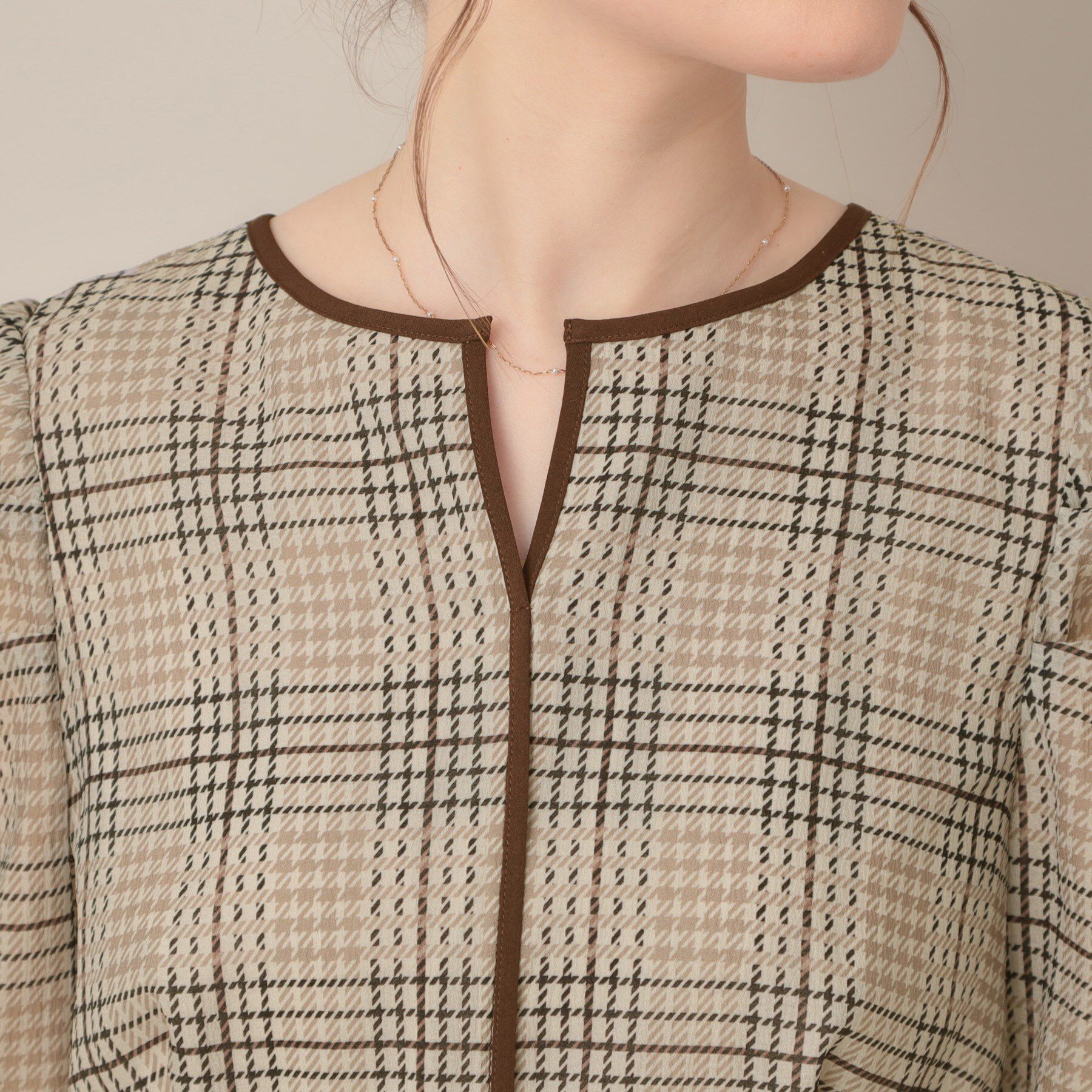 Couture broach「【美シルエット・5分袖】シアーチェックオーガンワンピース」|ワンピース|