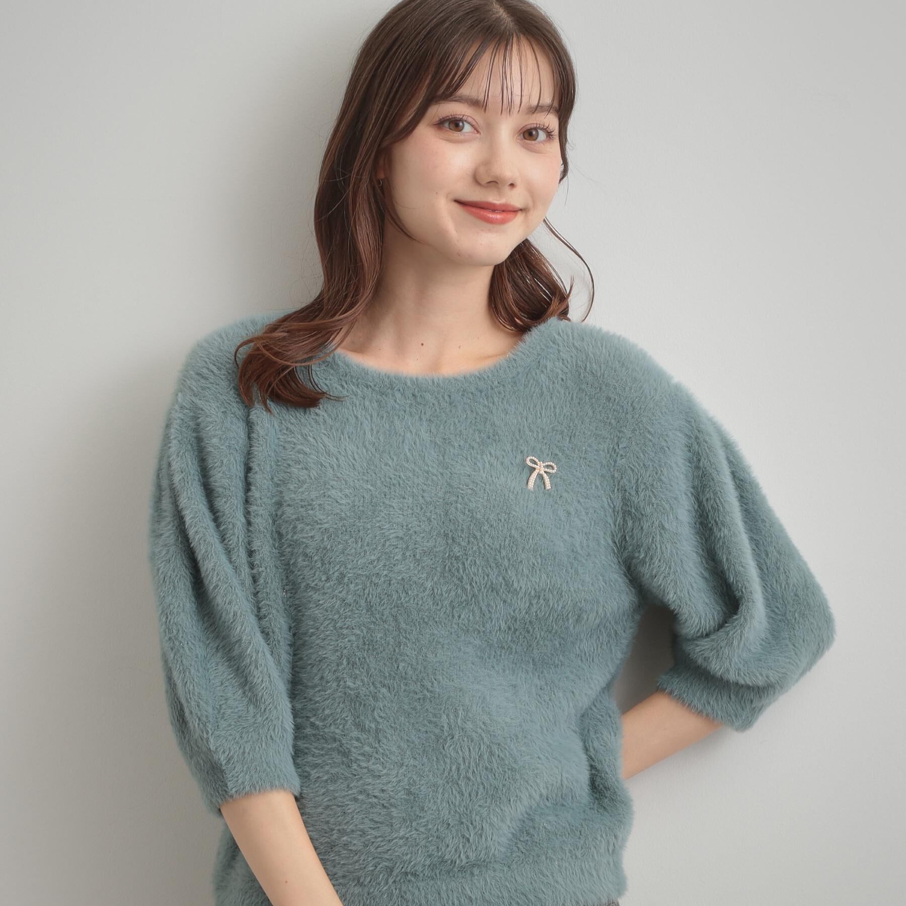 Couture broach「【着映え・5分袖・フェミニン】ラメフェザー半袖ニット」|ニット・セーター|