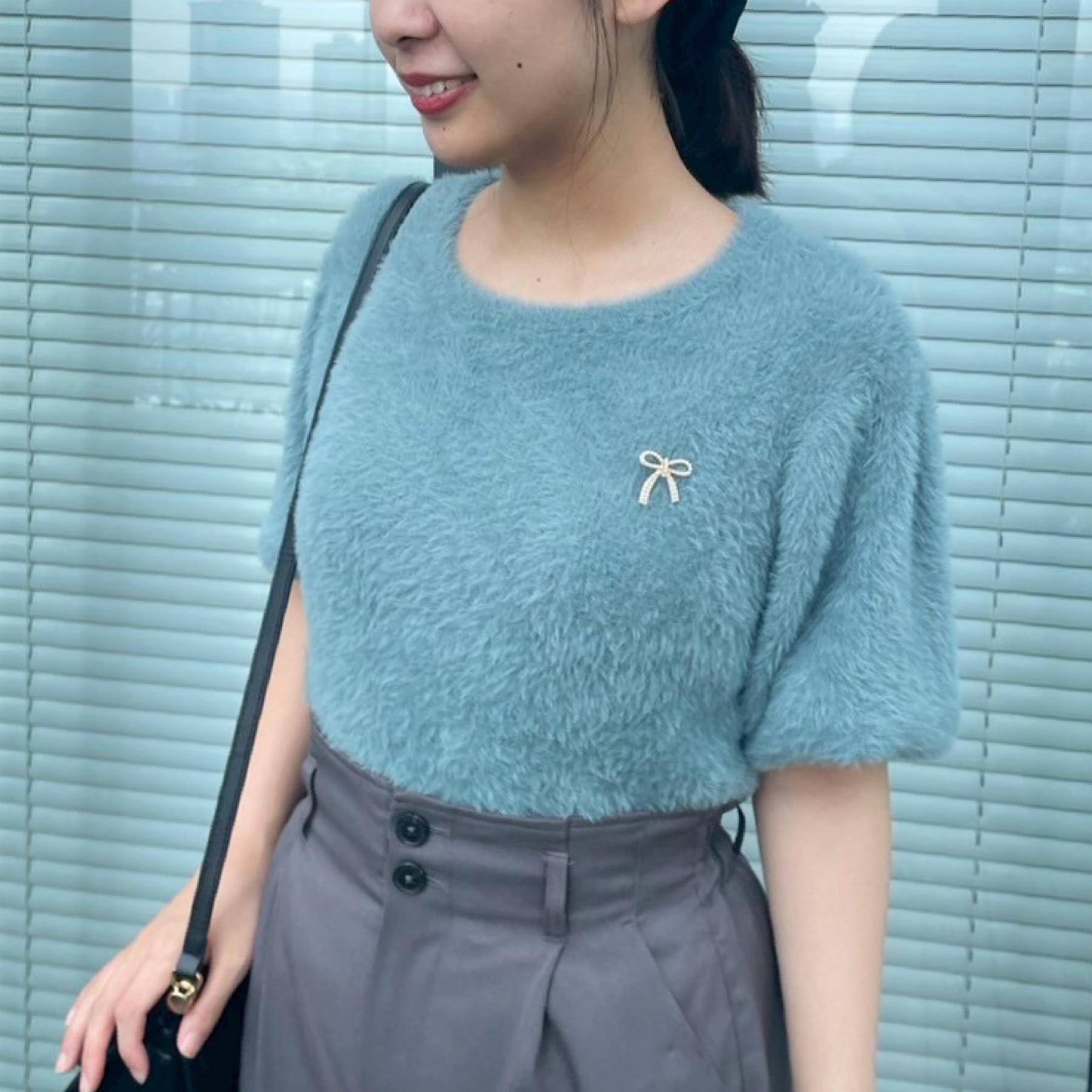 Couture broach「【着映え・5分袖・フェミニン】ラメフェザー半袖ニット」|ニット・セーター|