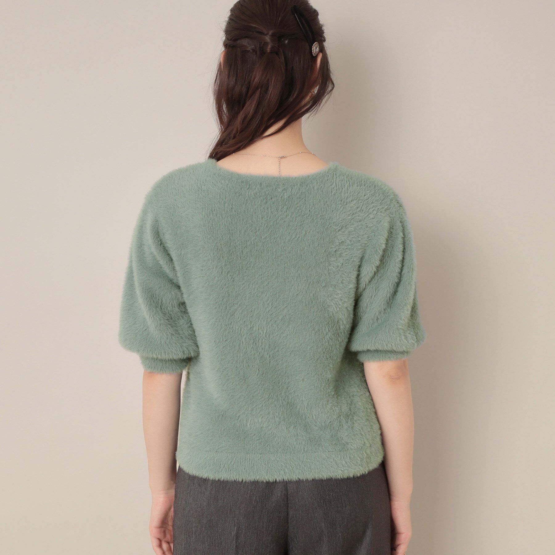 Couture broach「【着映え・5分袖・フェミニン】ラメフェザー半袖ニット」|ニット・セーター|