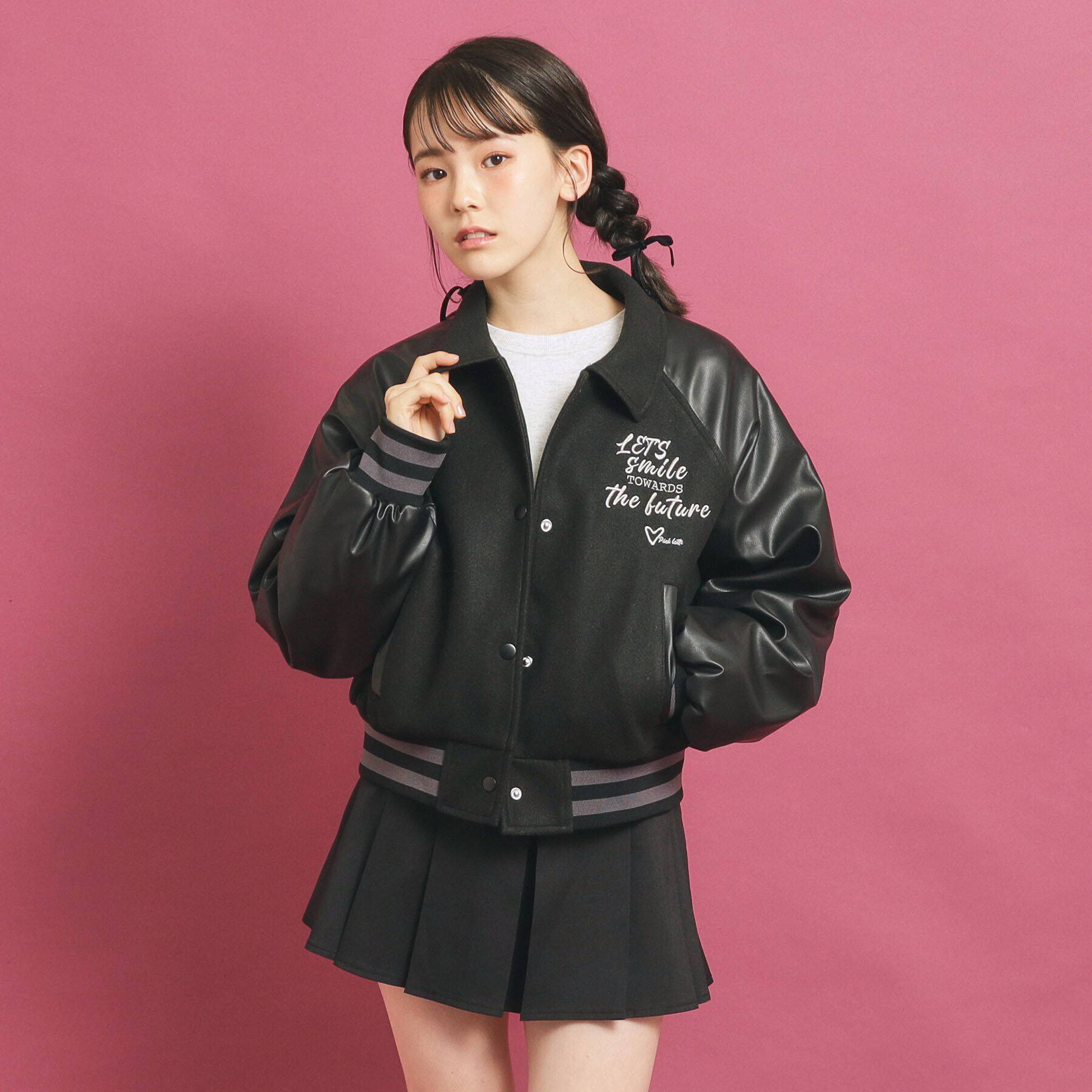 PINK-latte「短丈！スタジャン」|ブルゾン・スタジャン|ブラック(019)