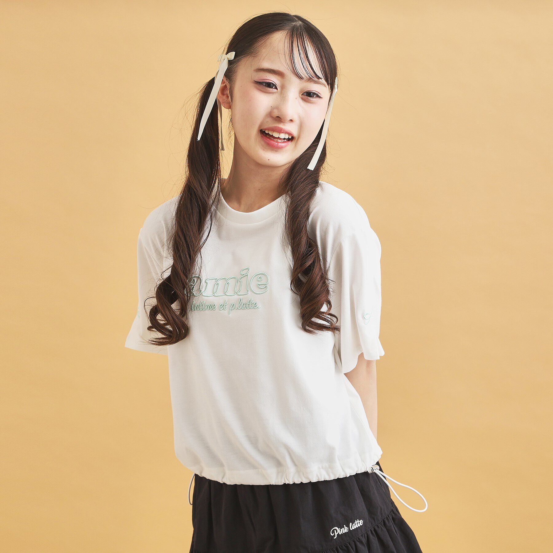 PINK-latte「ドロストリボンタックトップス」|Tシャツ・カットソー|オフホワイト(003