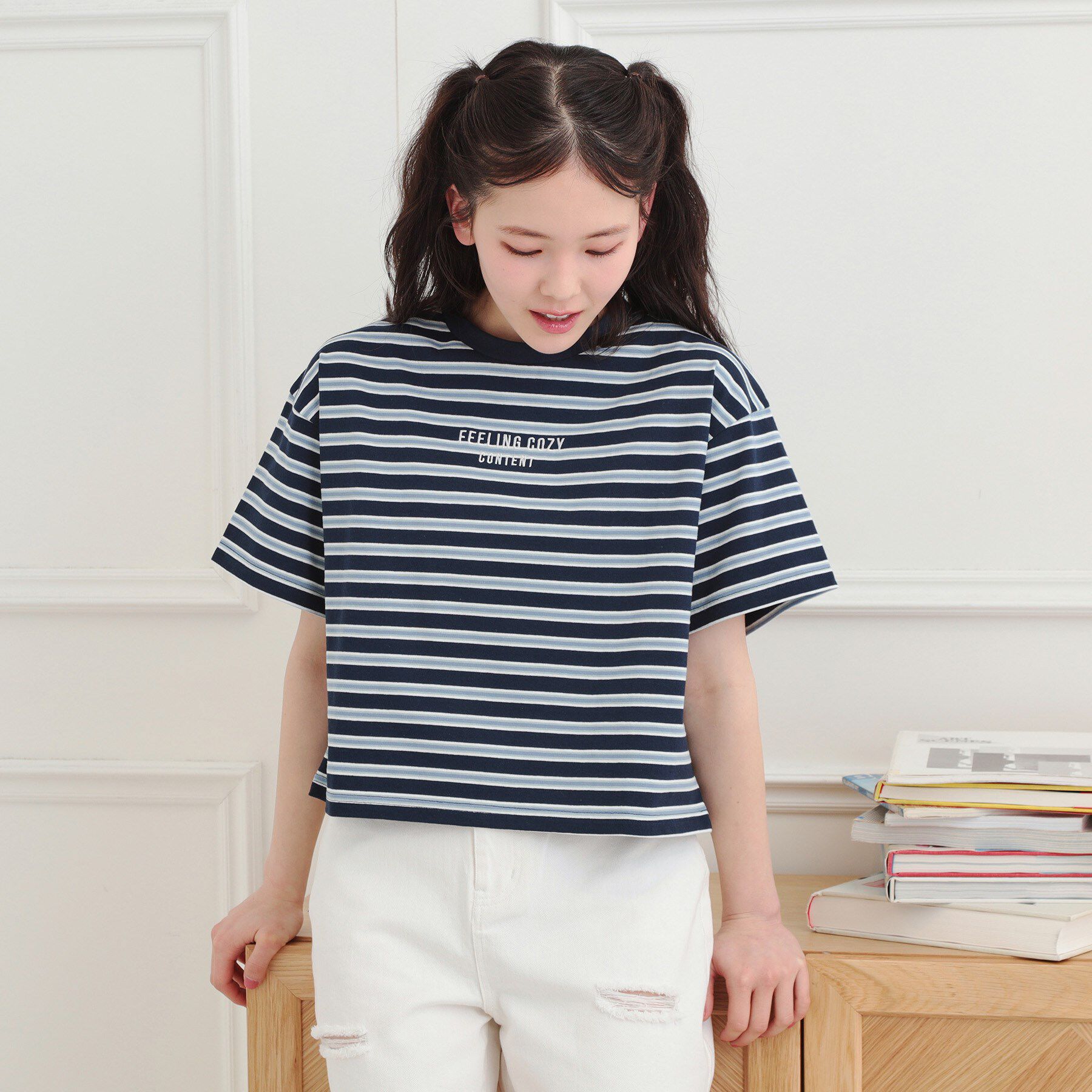 PINK-latte「クロップドボーダーTシャツ」|Tシャツ・カットソー|ネイビー(294)