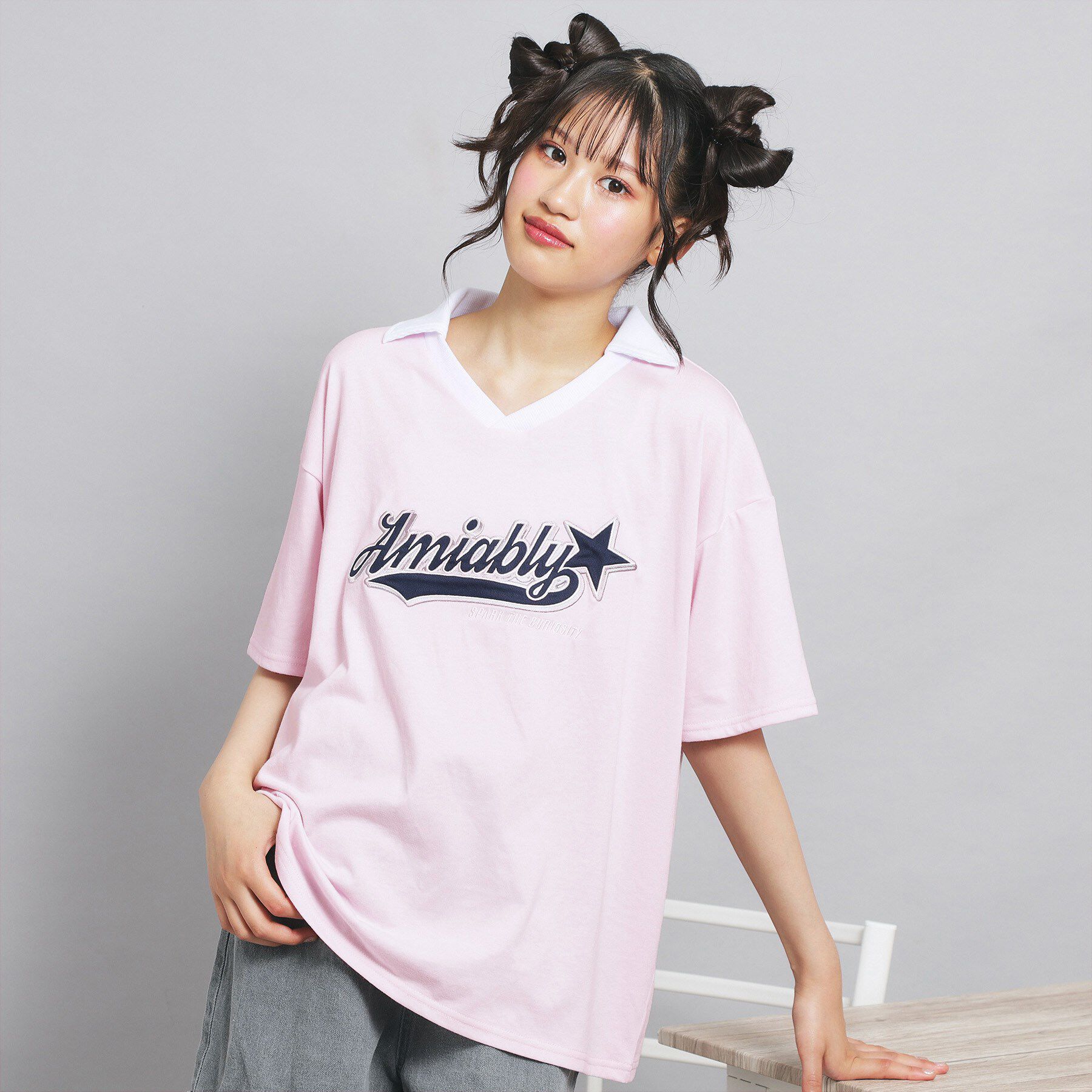PINK-latte「Vネック衿付きアップリケビッグTシャツ」|Tシャツ・カットソー|