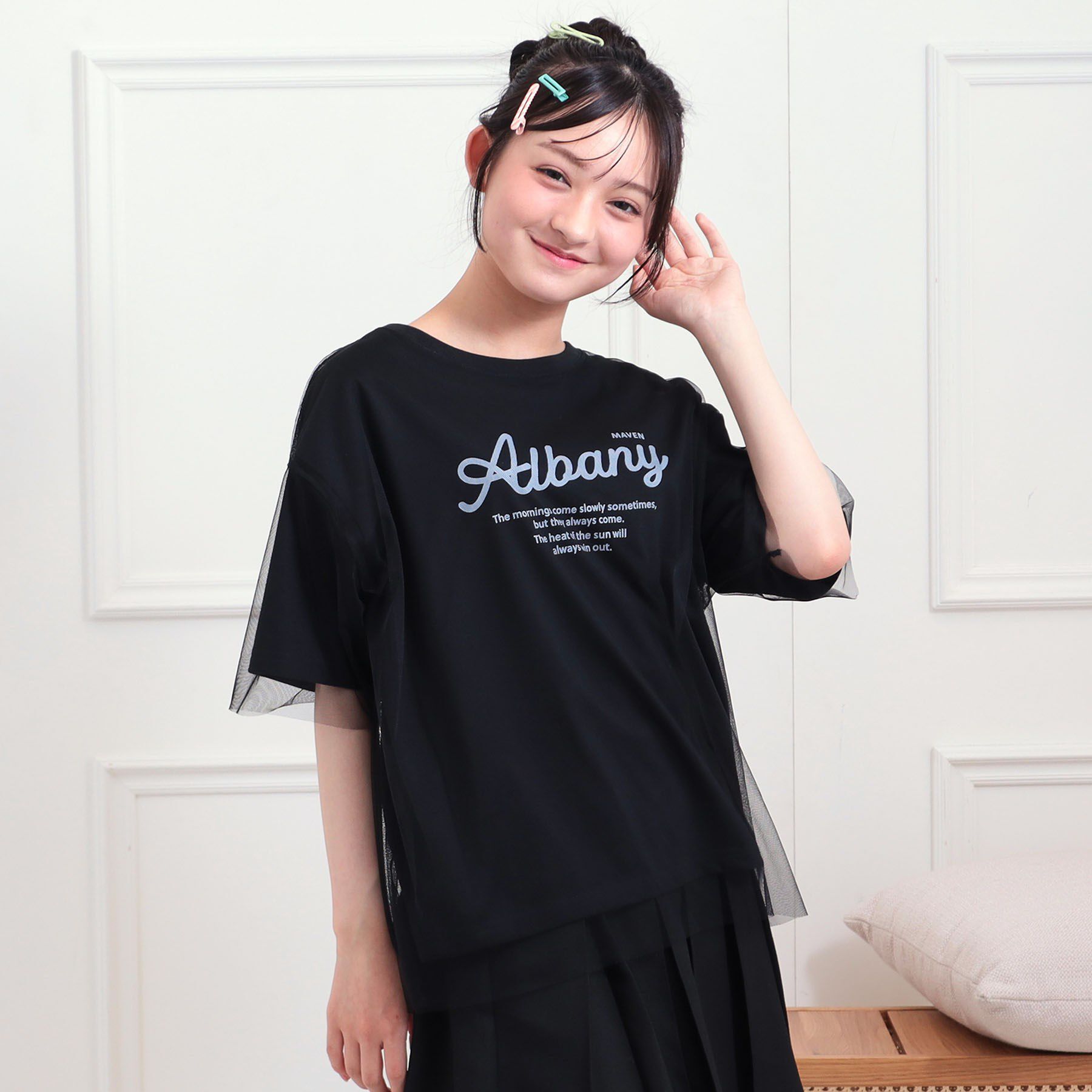 PINK-latte「チュールドッキングビッグTシャツ」|Tシャツ・カットソー|ブラック(019)