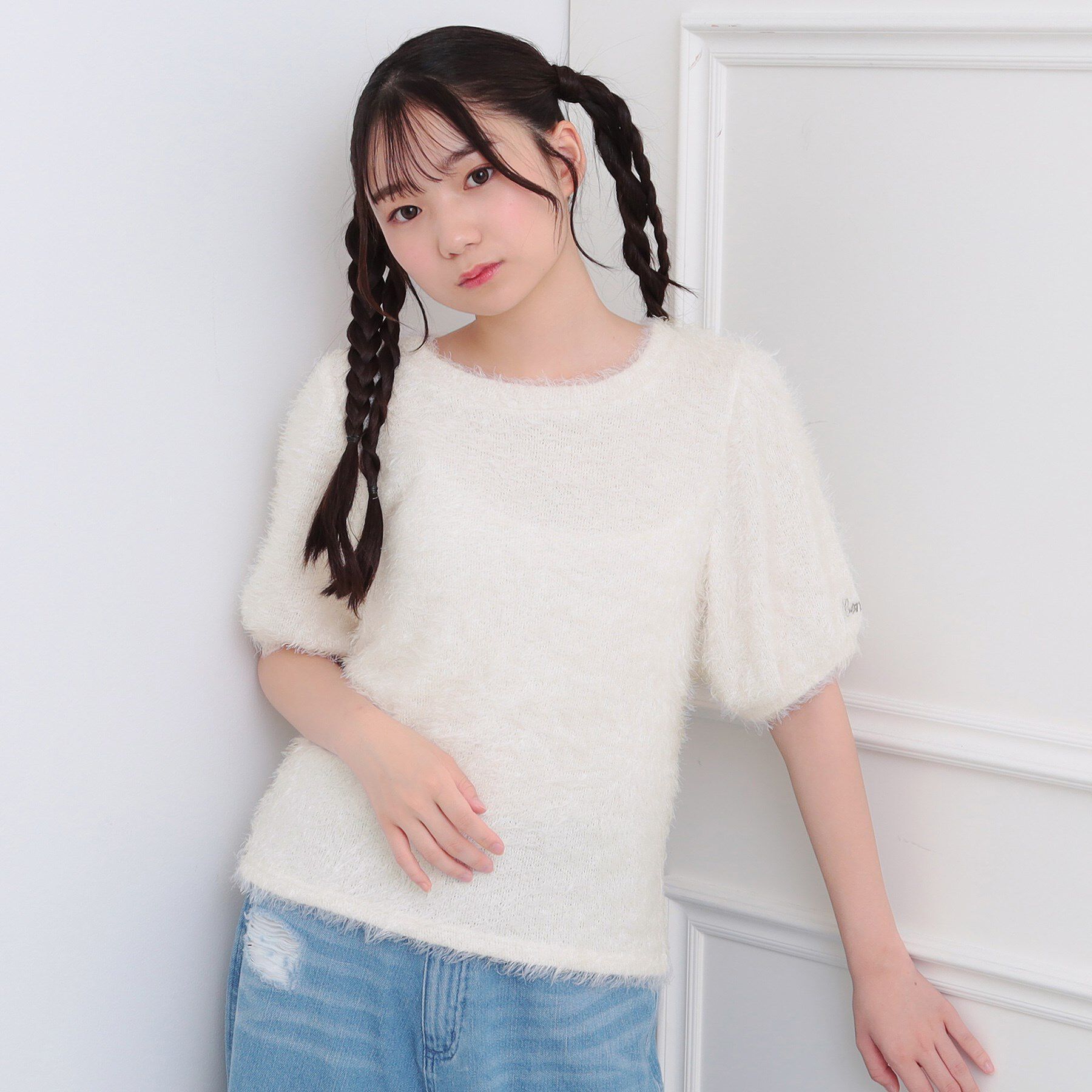 PINK-latte「ふわふわパフスリーブ半袖トップス」|ニット・セーター|オフホワイト(003