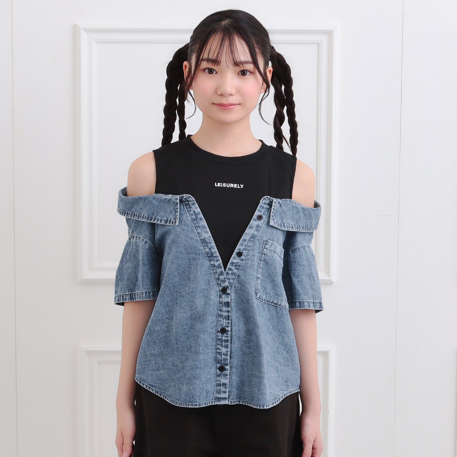 PINK-latte「肩あきデニムドッキングシャツ」|Tシャツ・カットソー|