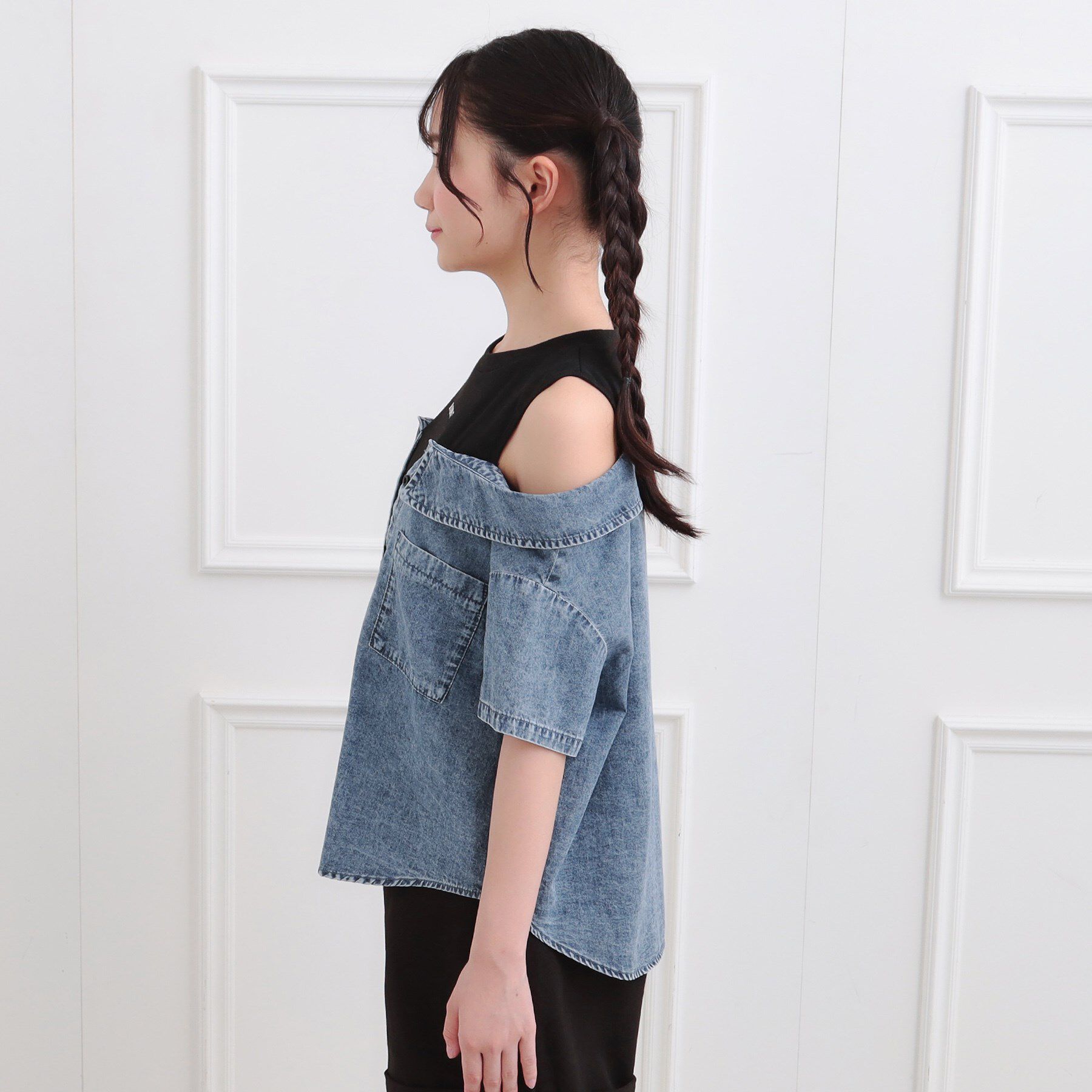 PINK-latte「肩あきデニムドッキングシャツ」|Tシャツ・カットソー|