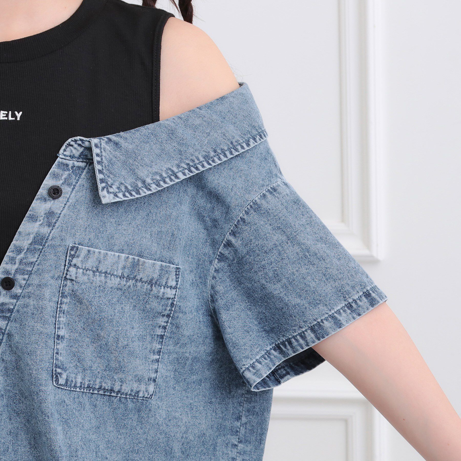 PINK-latte「肩あきデニムドッキングシャツ」|Tシャツ・カットソー|