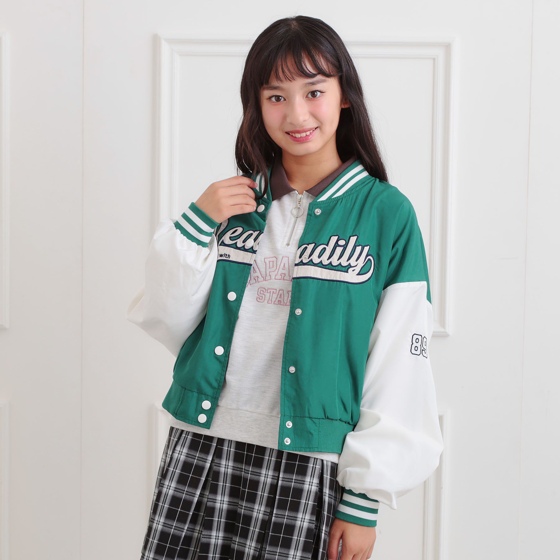 PINK-latte「ロゴアップリケスタジャン」|ブルゾン・スタジャン|