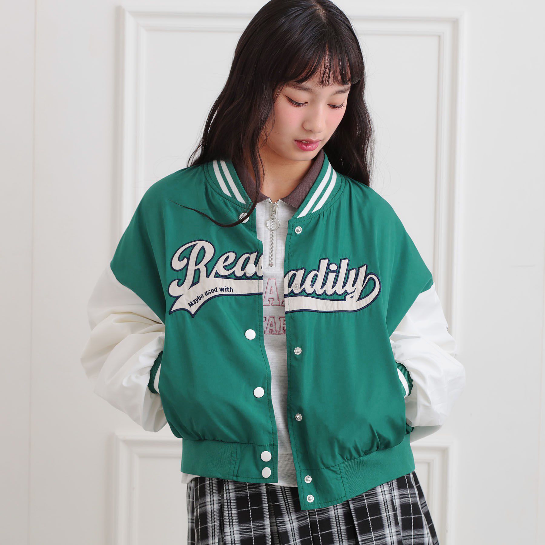 PINK-latte「ロゴアップリケスタジャン」|ブルゾン・スタジャン|グリーン(024)
