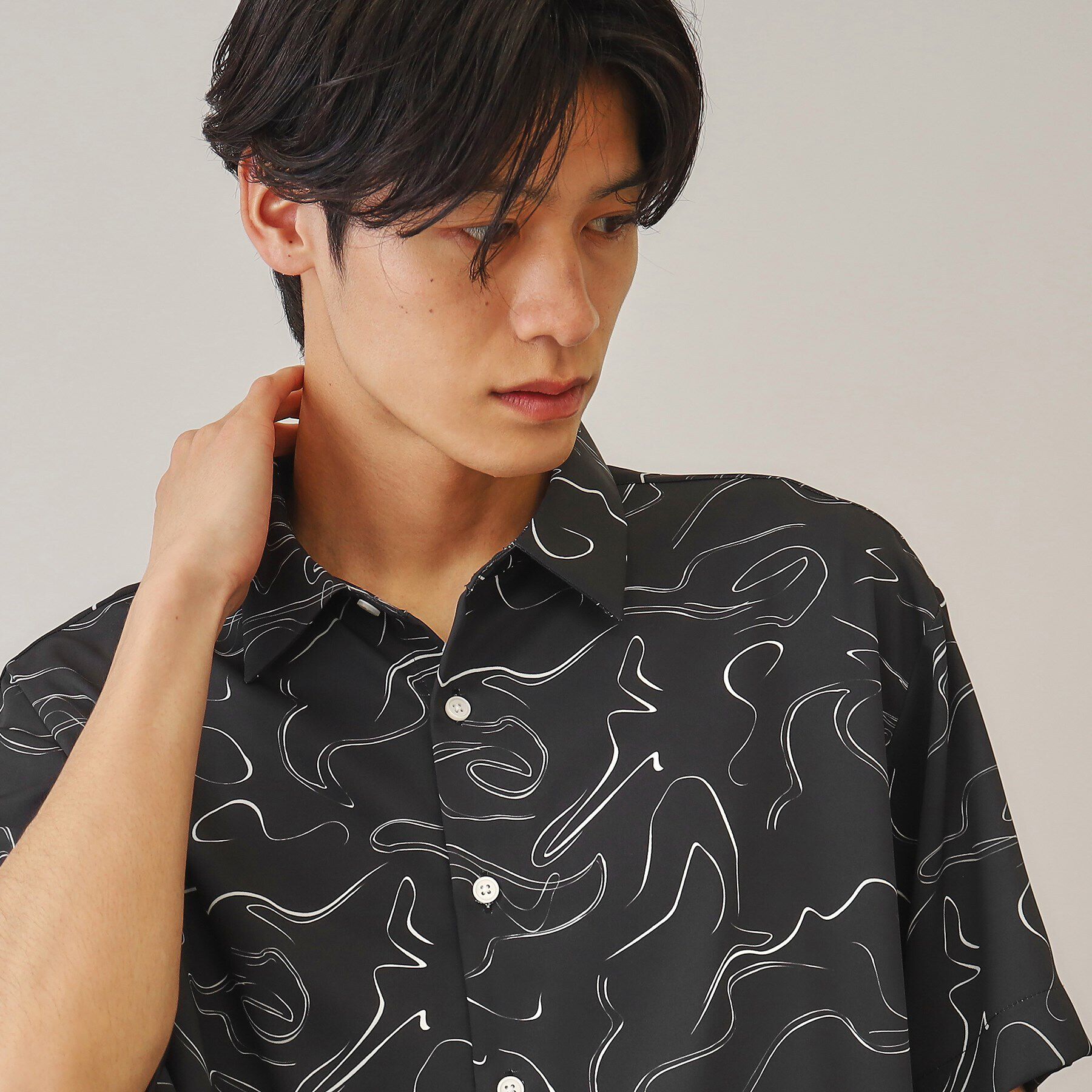 THE SHOP TK「【10色展開】プリントデザインシャツ チェック／ブロッキング／マーブル／ブラシアート」|シャツ・ブラウス|ブラック(619)