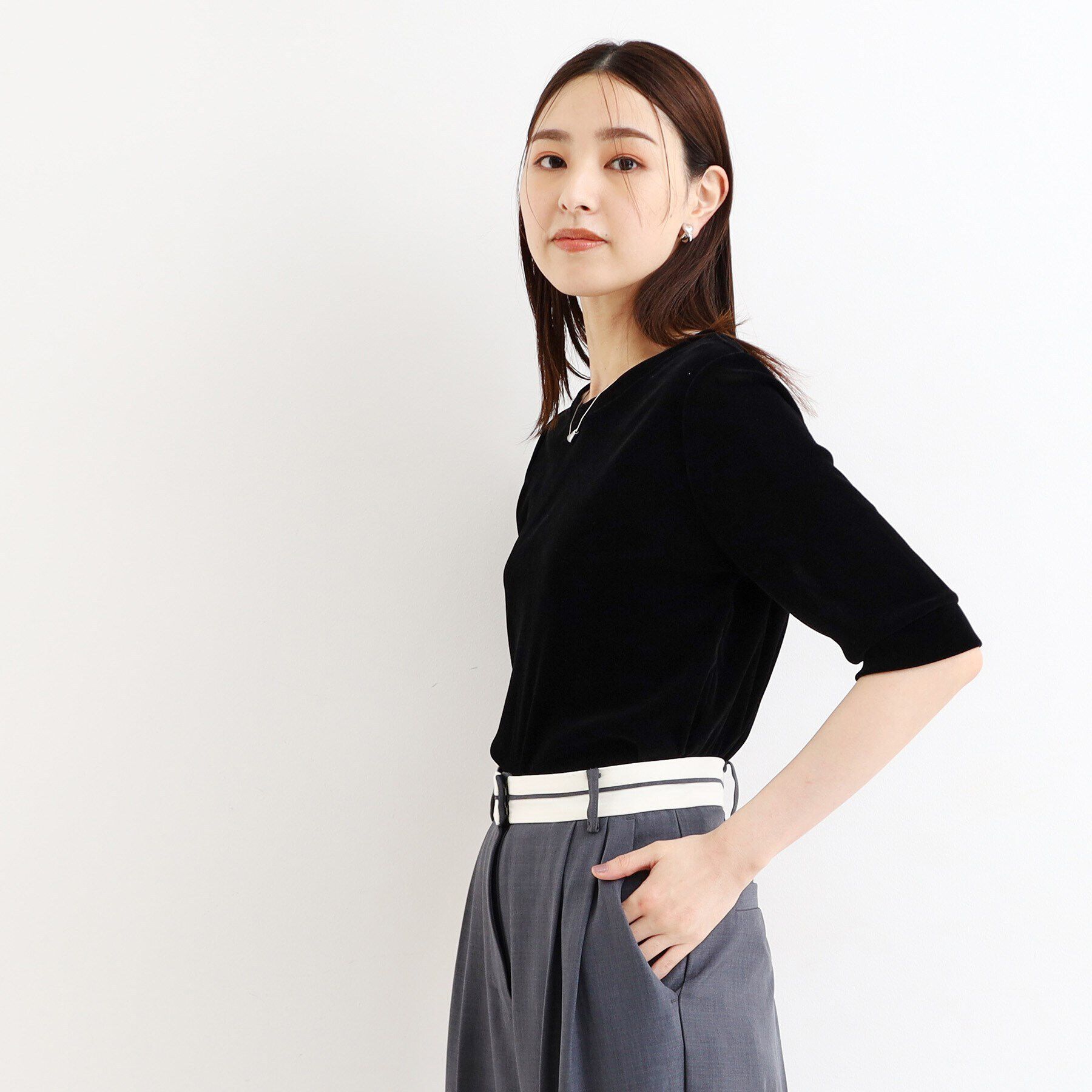 THE SHOP TK「【ヒルナンデス！で紹介】ベロア5分袖プルオーバー/洗える」|Tシャツ・カットソー|