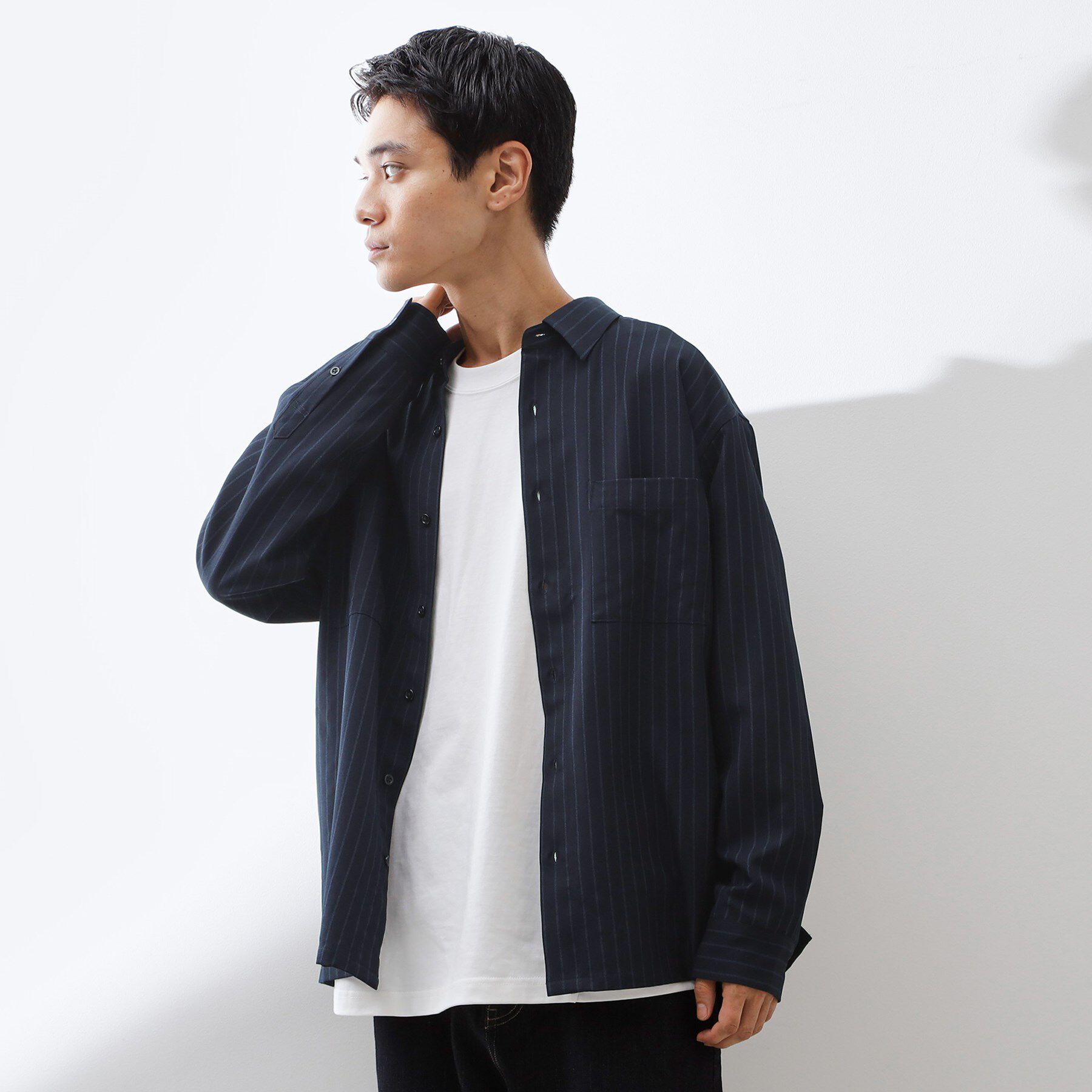 THE SHOP TK「ダブルポケットストライプ長袖シャツ 【洗濯機OK】」|シャツ・ブラウス|ネイビー(394)