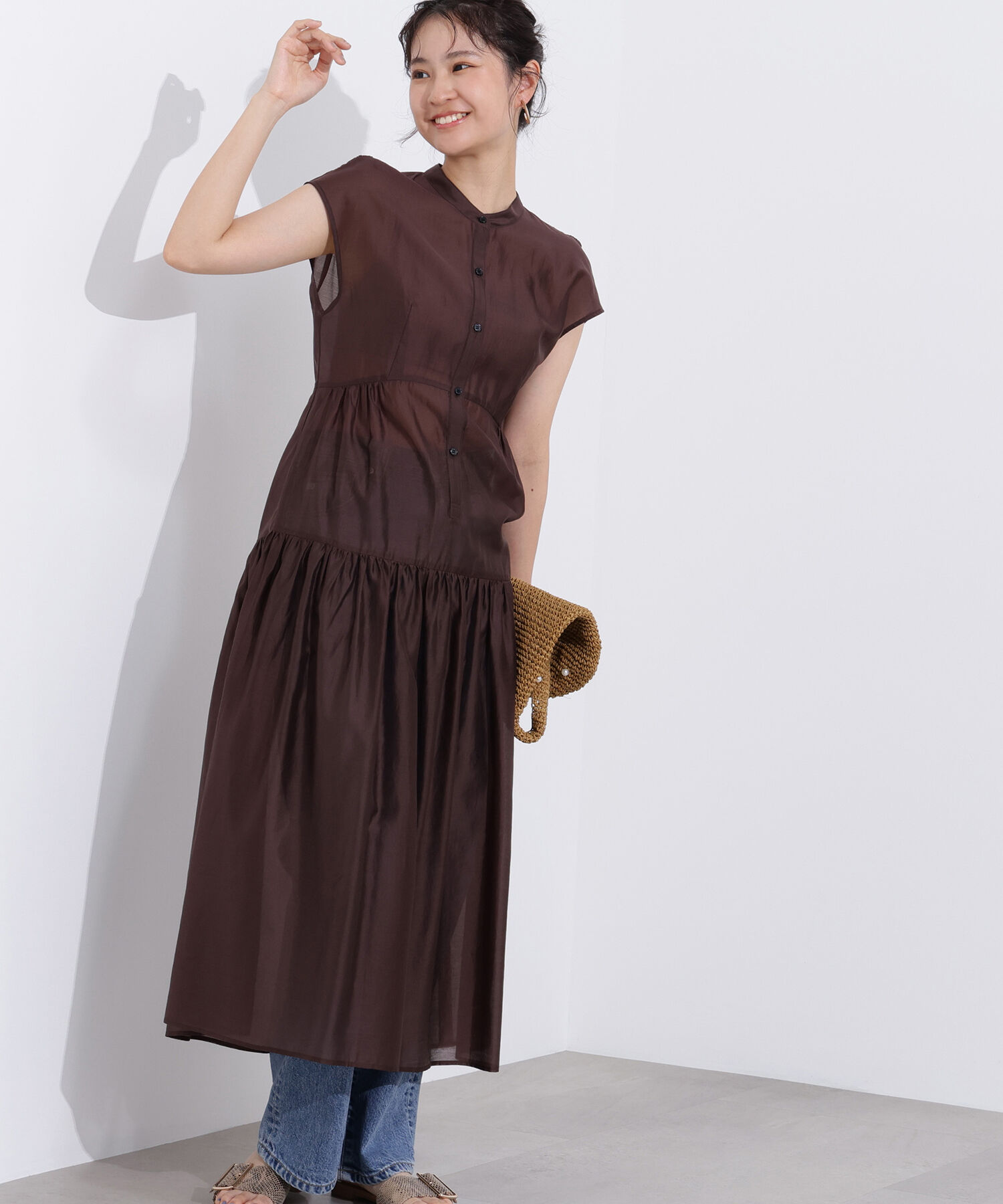  「バンドカラーシアーワンピース」|ワンピース|