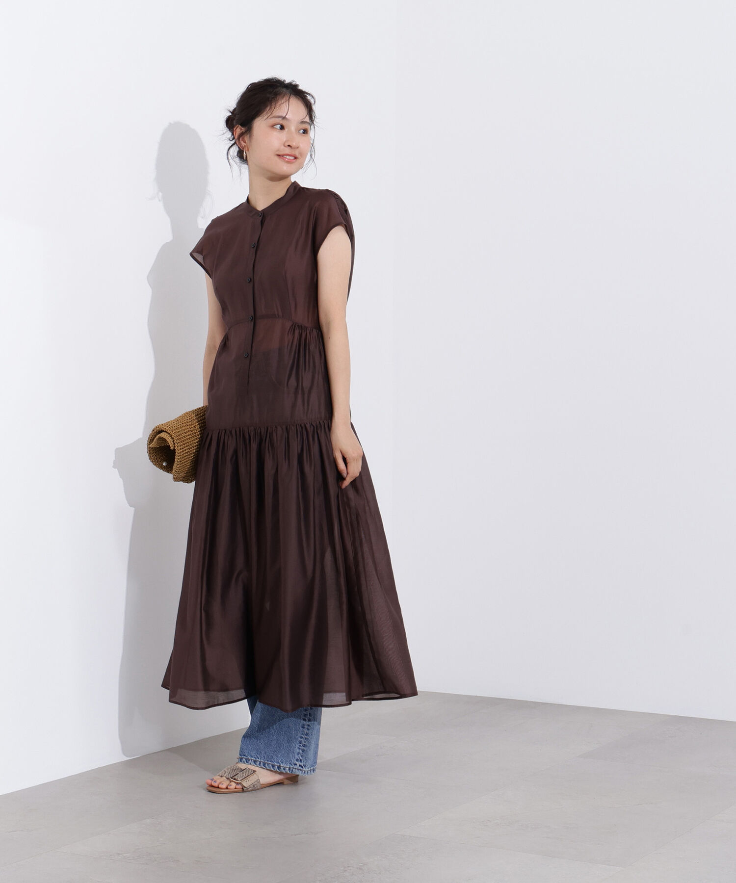  「バンドカラーシアーワンピース」|ワンピース|