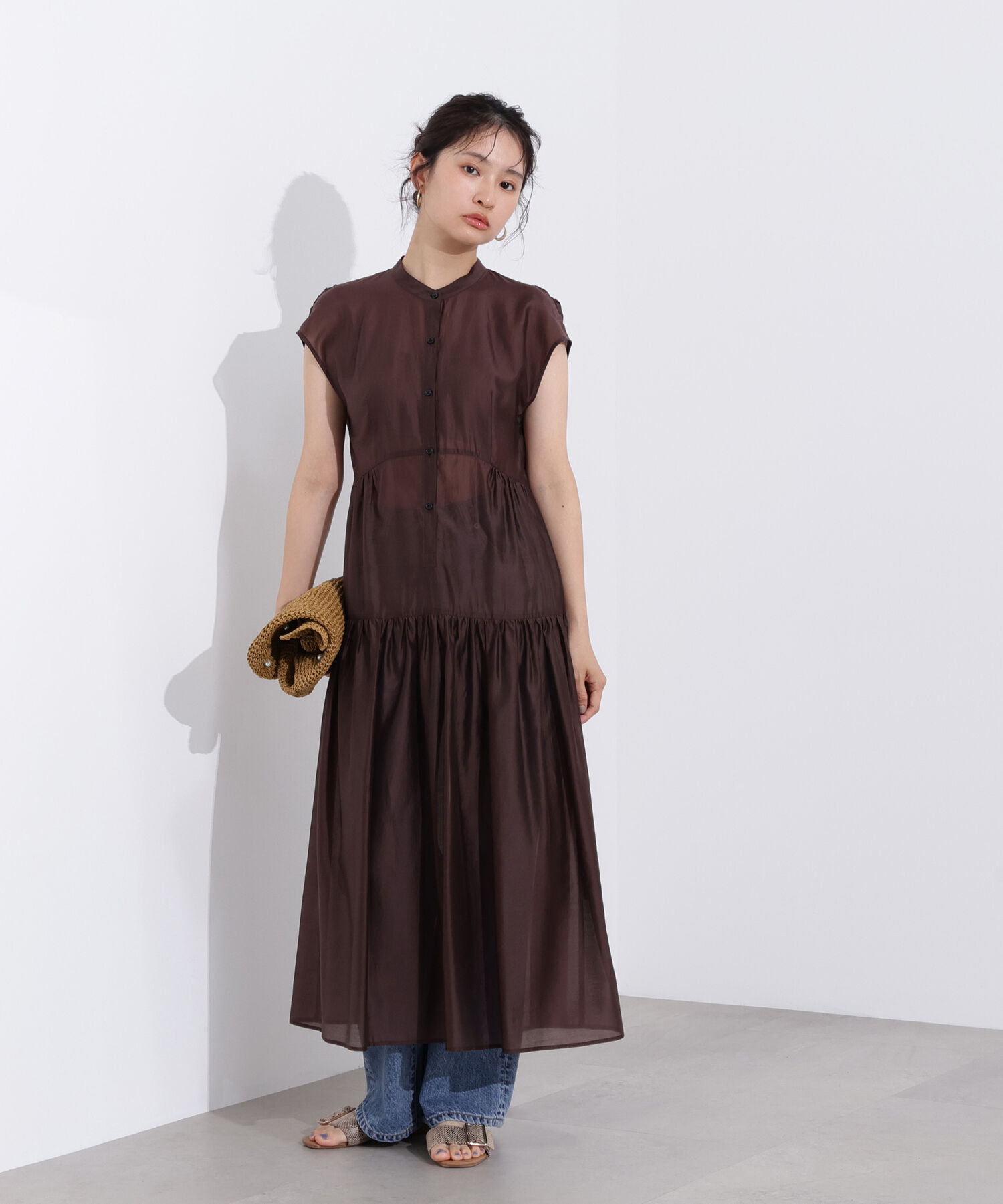  「バンドカラーシアーワンピース」|ワンピース|