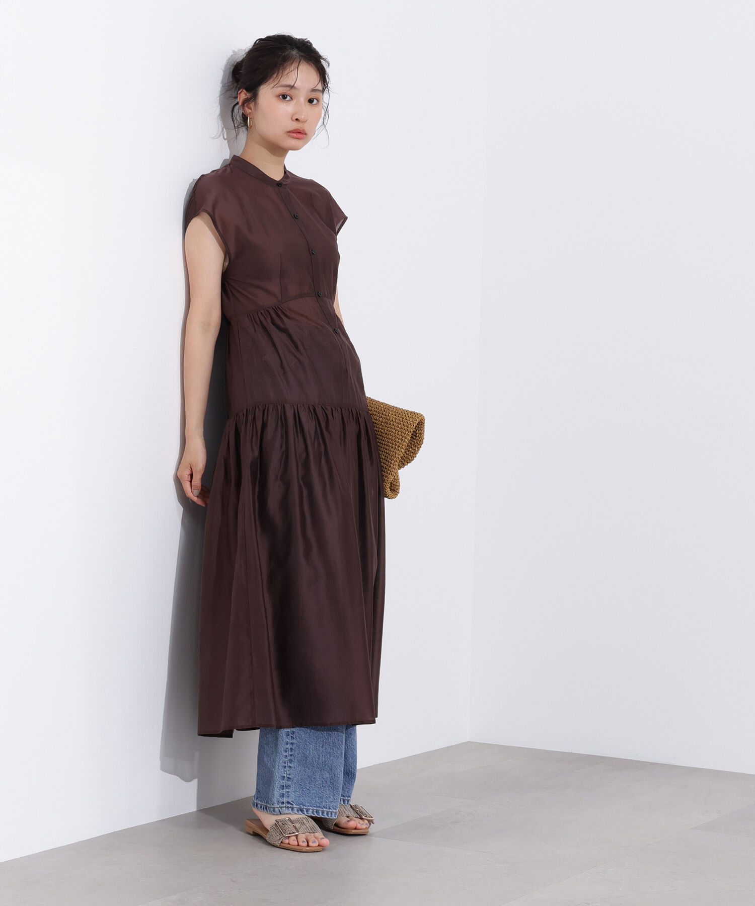  「バンドカラーシアーワンピース」|ワンピース|