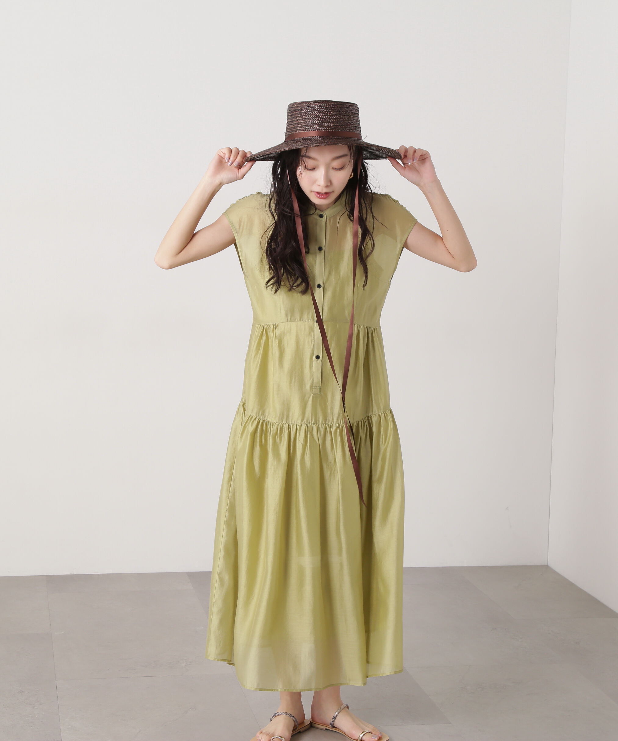  「バンドカラーシアーワンピース」|ワンピース|