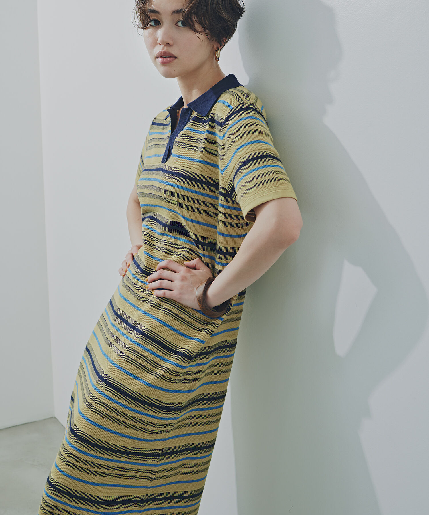  「マルチボーダーポロニットワンピース」|ワンピース|イエロー系2