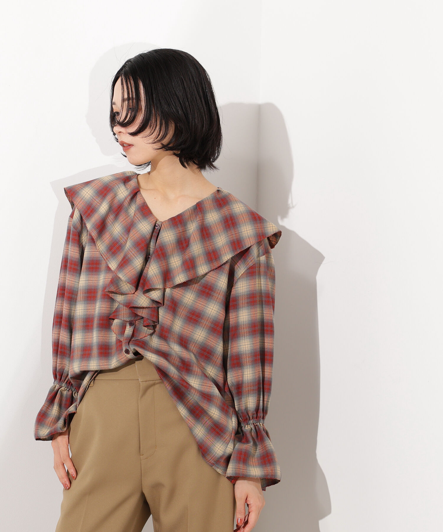 「チェックラッフルブラウス」|シャツ・ブラウス|
