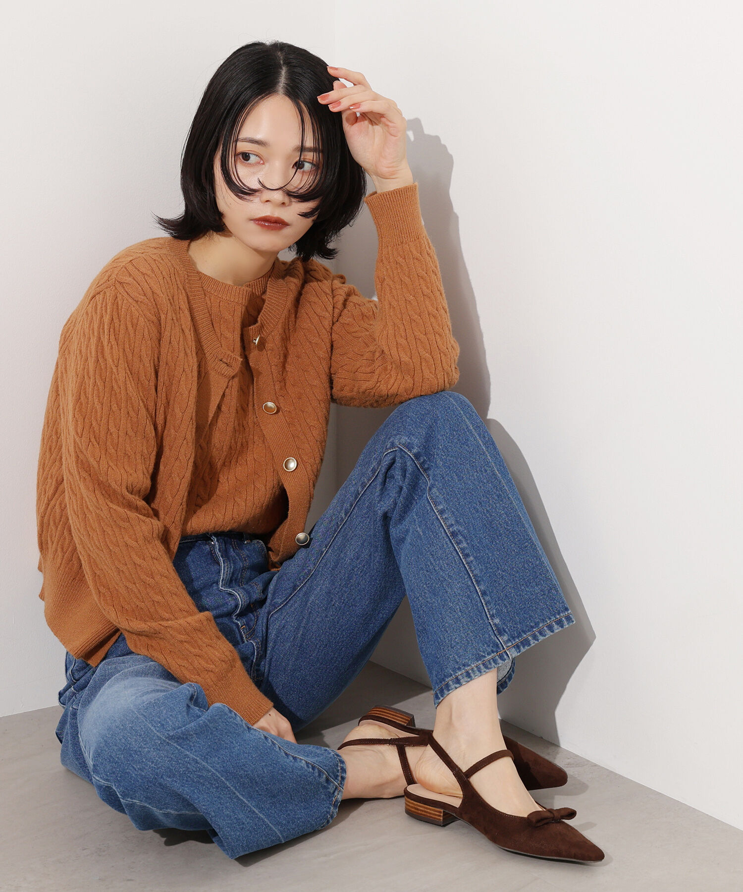  「メタルボタンケーブルアンサンブル」|ニット・セーター|キャメル1