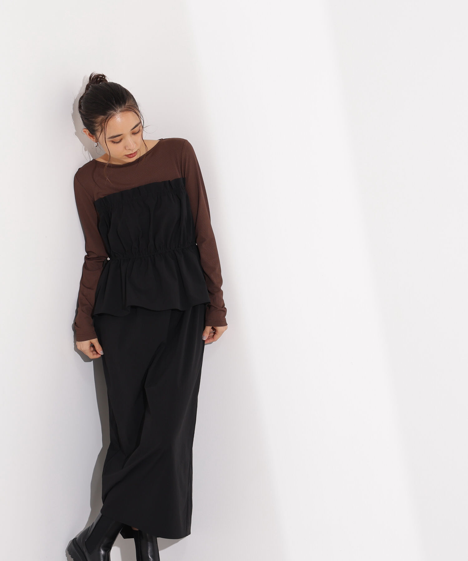  「ドロストコードドッキングワンピース長袖」|ワンピース|