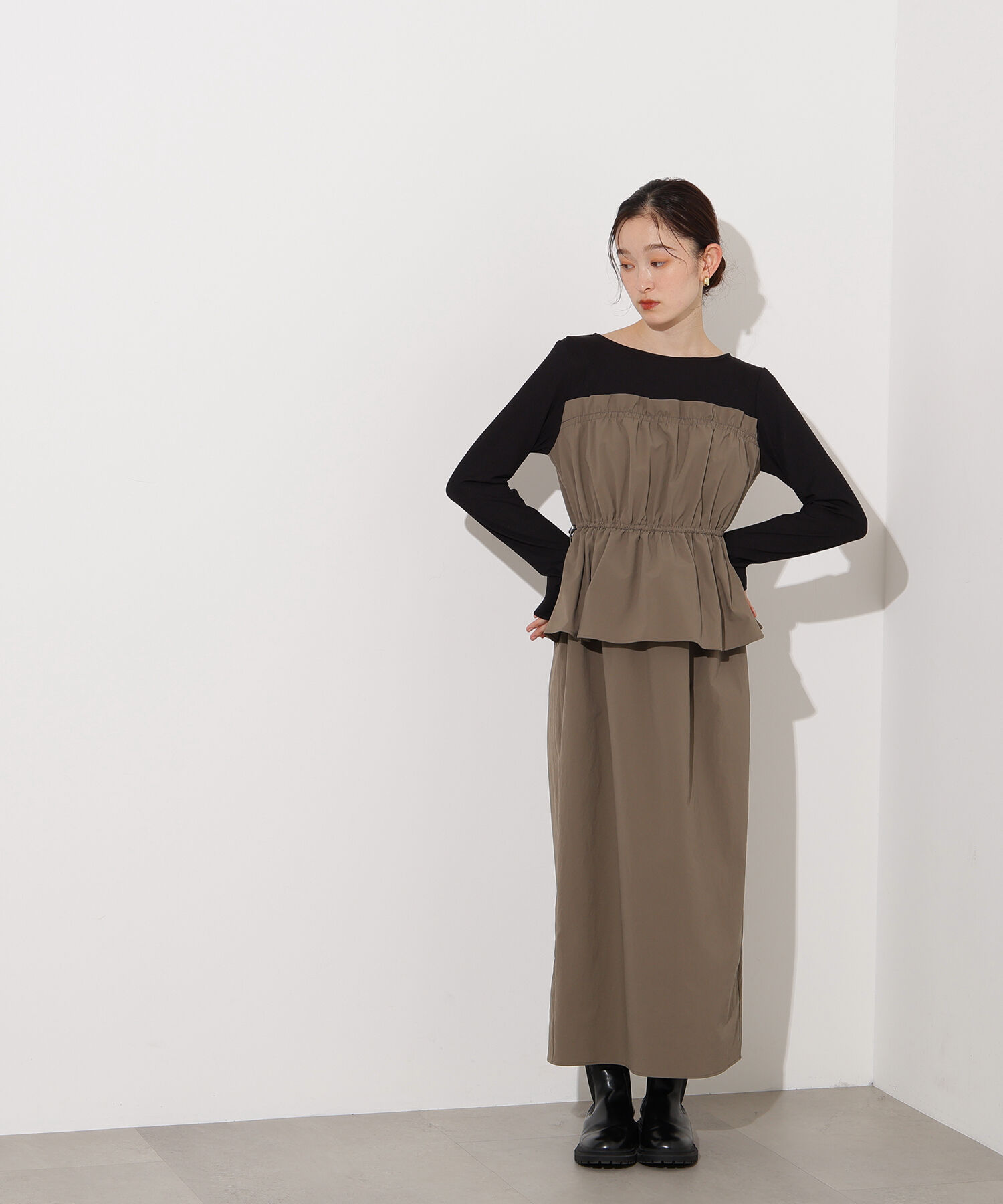  「ドロストコードドッキングワンピース長袖」|ワンピース|