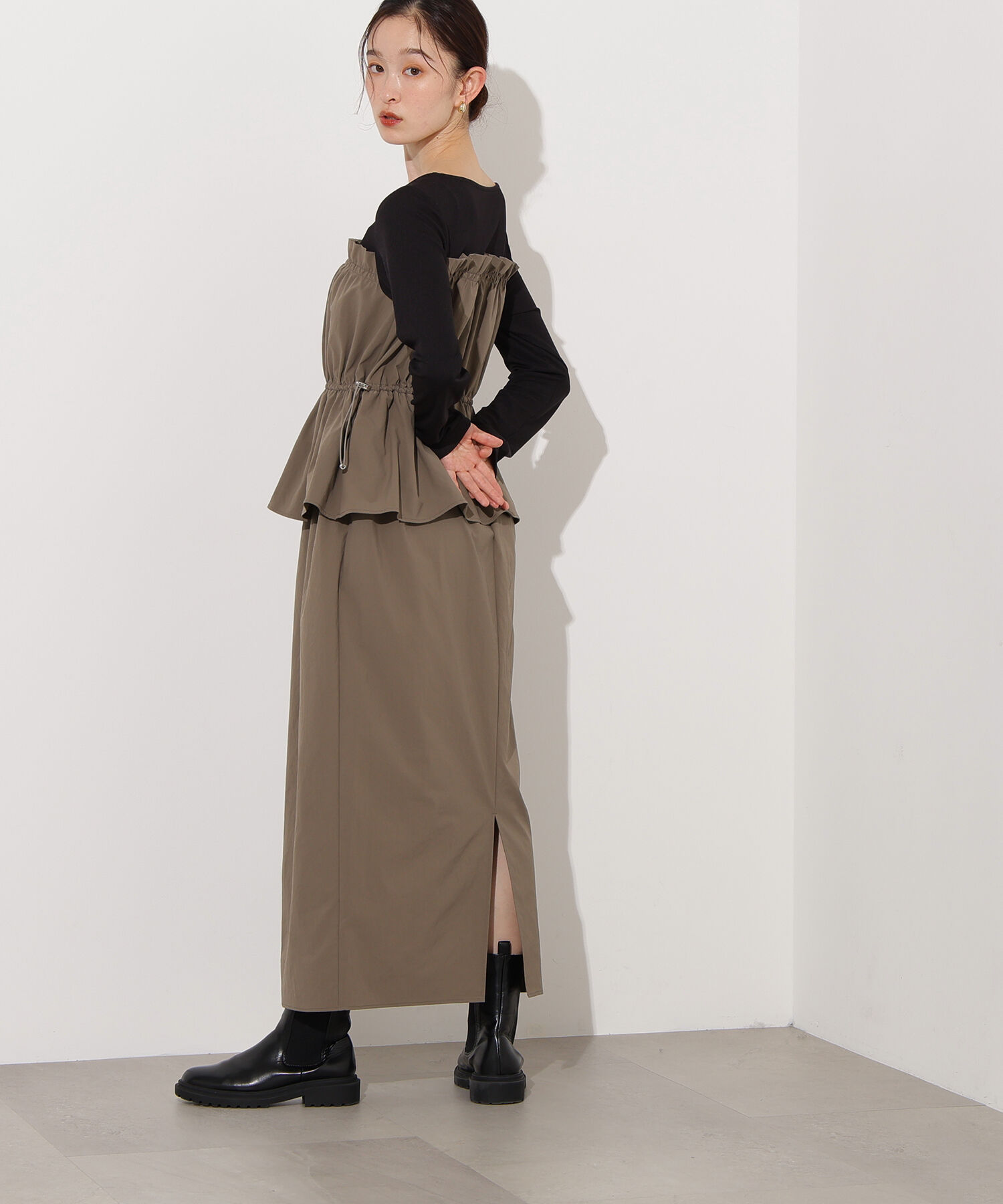  「ドロストコードドッキングワンピース長袖」|ワンピース|