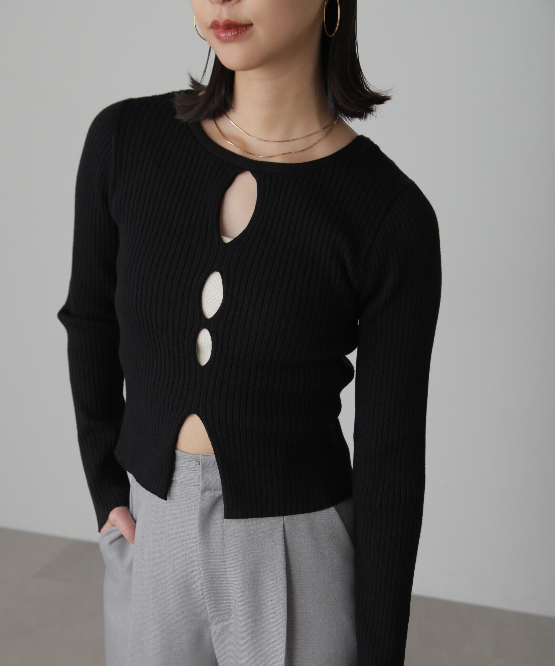  「前後2Wayスリットカットアウトリブニット」|ニット・セーター|