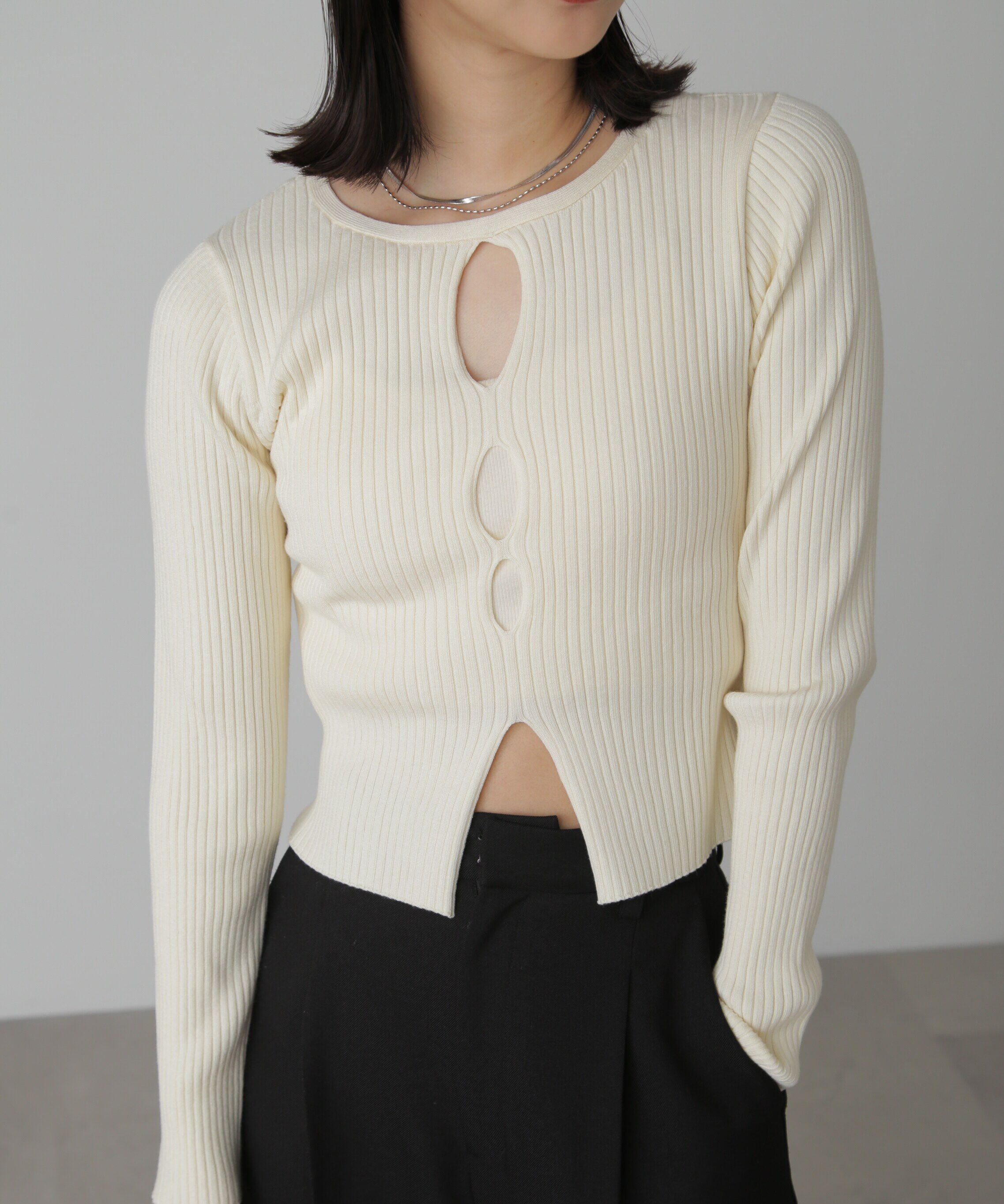  「前後2Wayスリットカットアウトリブニット」|ニット・セーター|